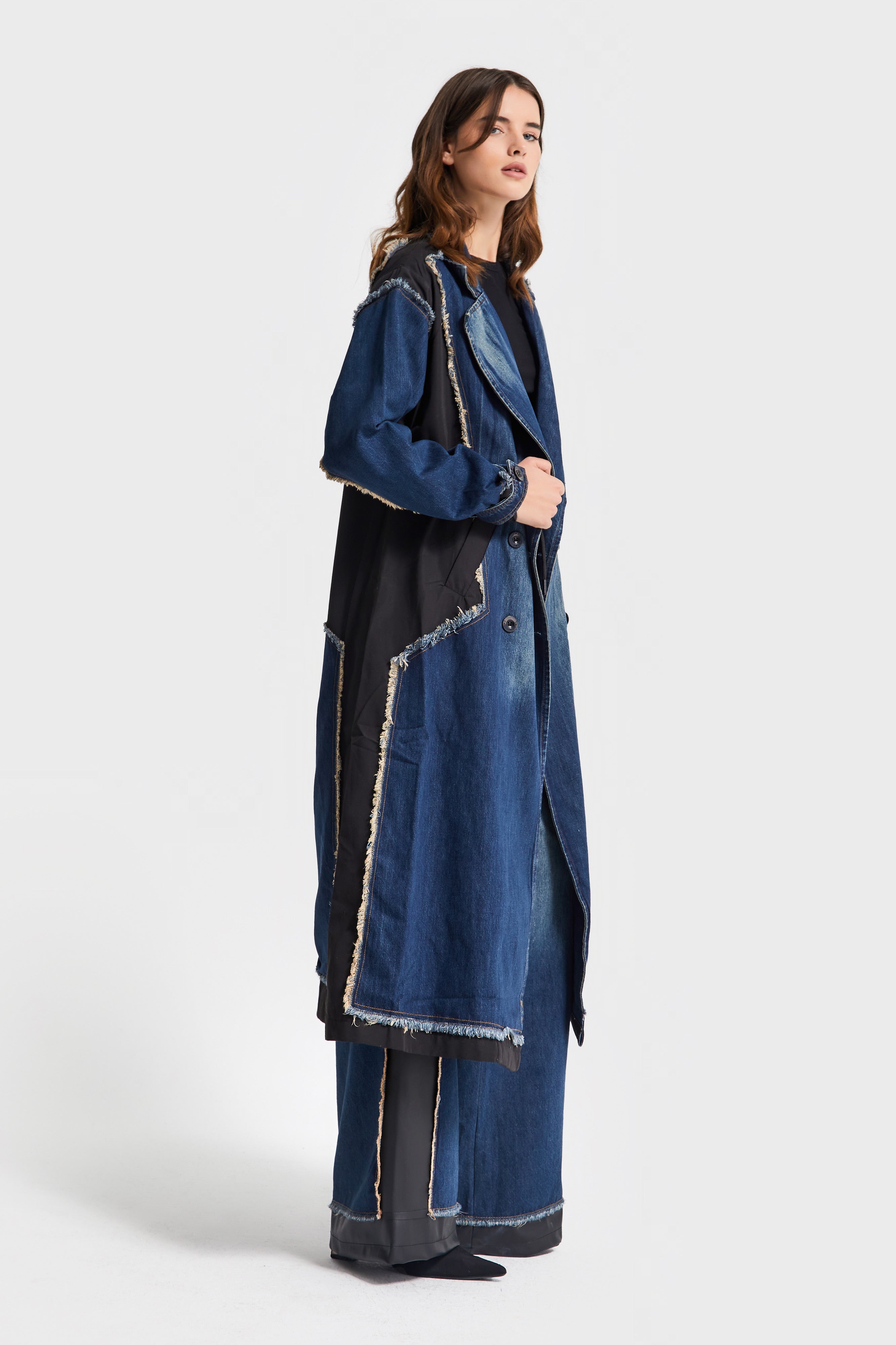 Kadın Kot Rengi Oversize Çift Parça Kumaş Özel Tasarım Denim Trençkot Kaban