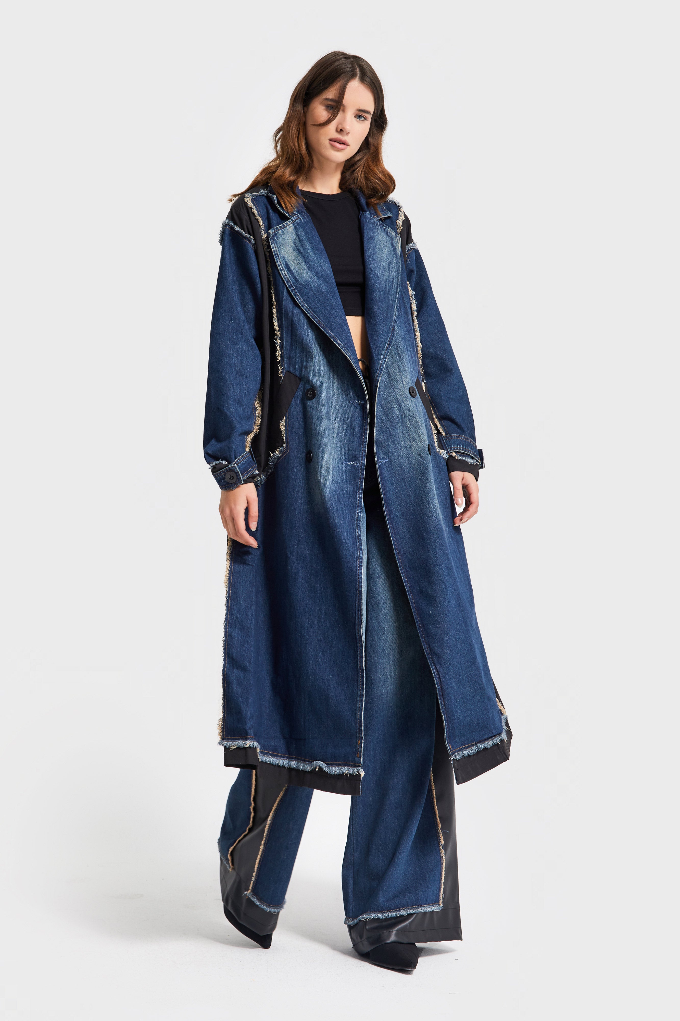 Kadın Kot Rengi Oversize Çift Parça Kumaş Özel Tasarım Denim Trençkot Kaban