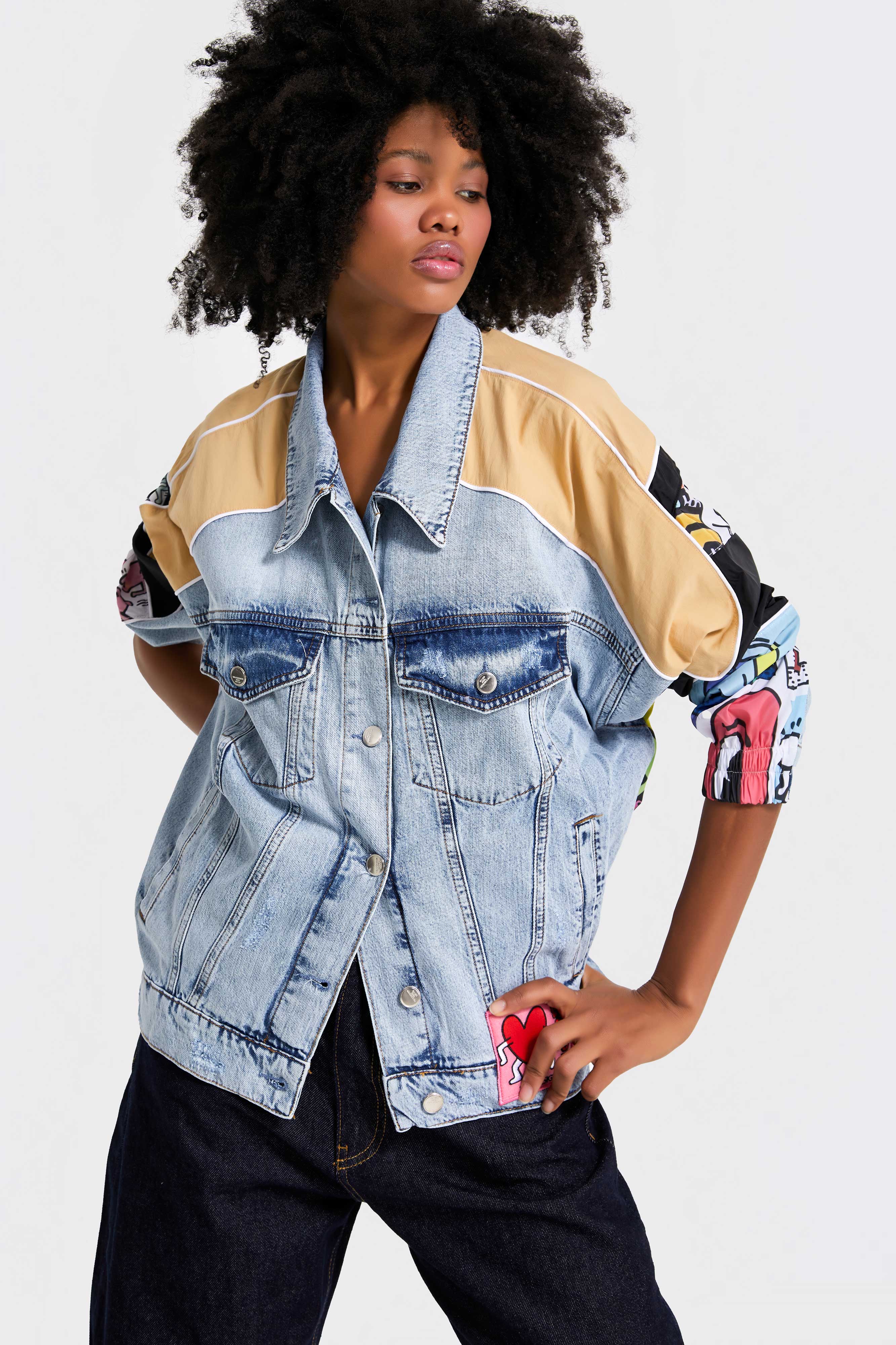Kadın Kot Rengi Oversize Renkli Baskılı Özel Tasarım Denim Ceket