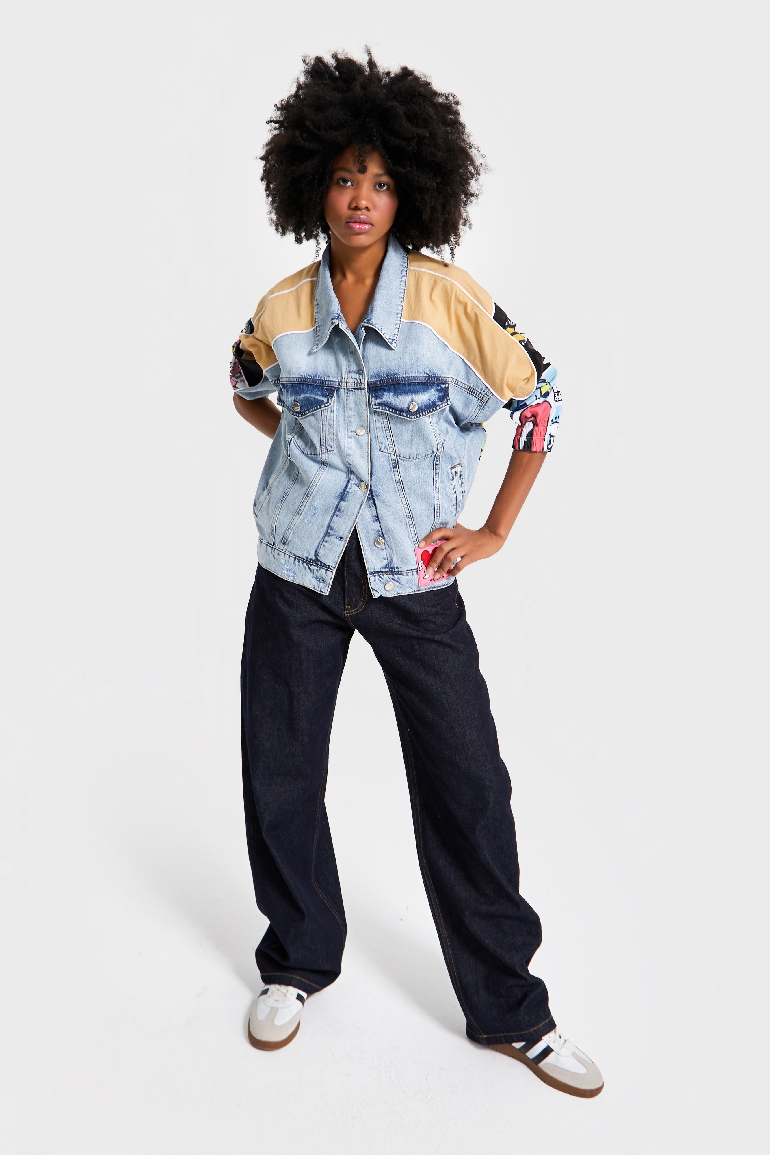 Kadın Kot Rengi Oversize Renkli Baskılı Özel Tasarım Denim Ceket
