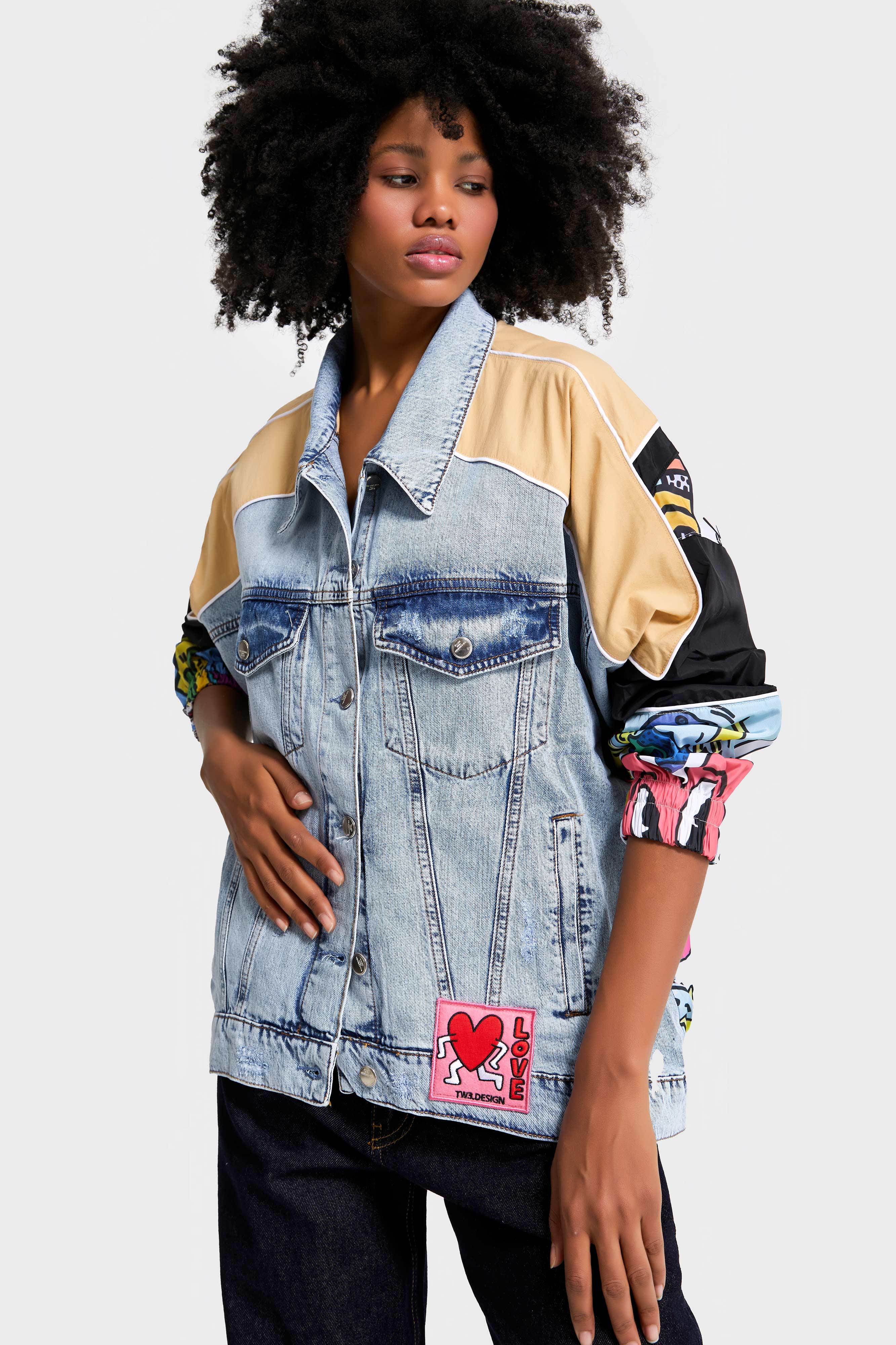 Kadın Kot Rengi Oversize Renkli Baskılı Özel Tasarım Denim Ceket