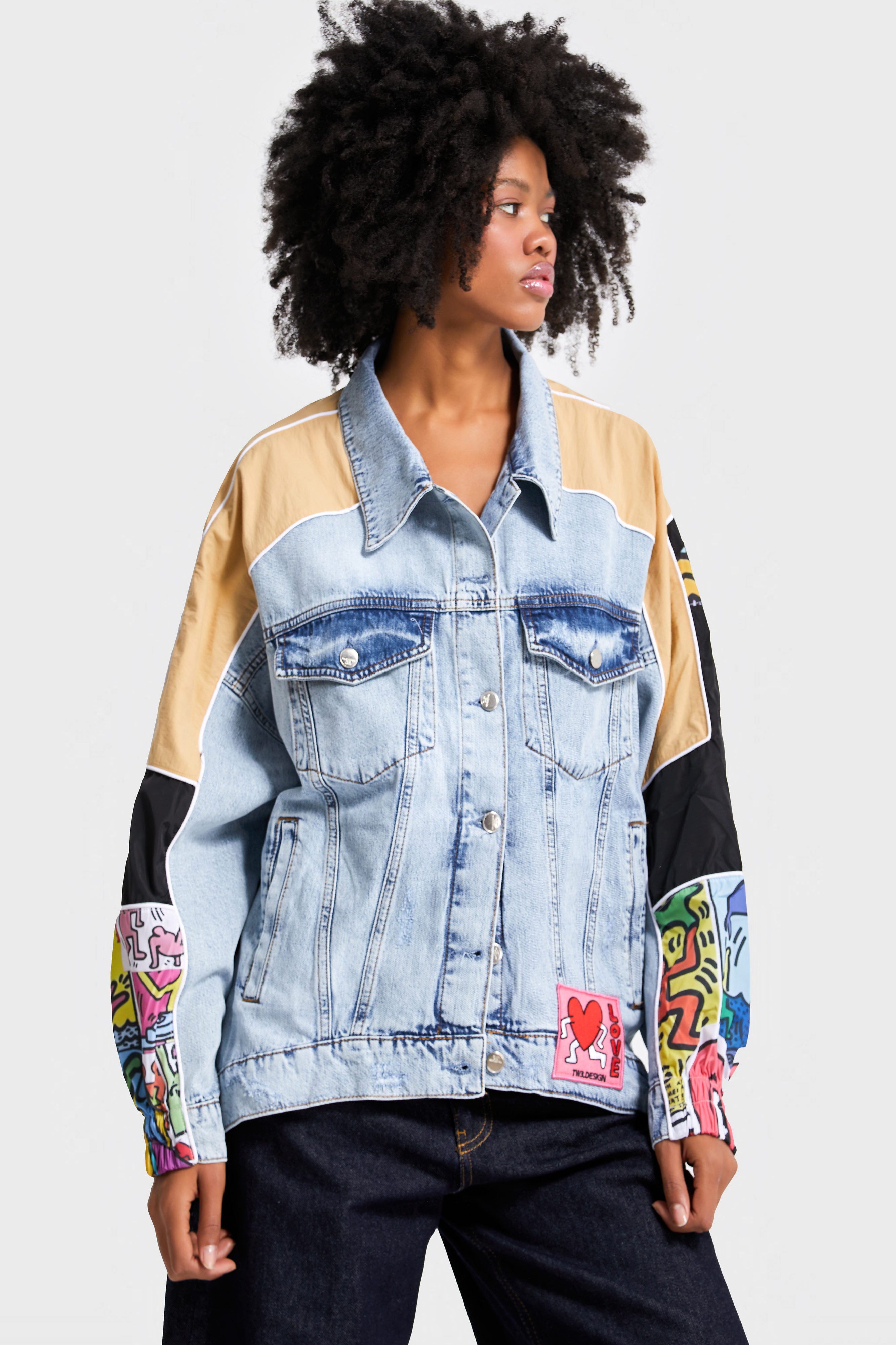 Kadın Kot Rengi Oversize Renkli Baskılı Özel Tasarım Denim Ceket