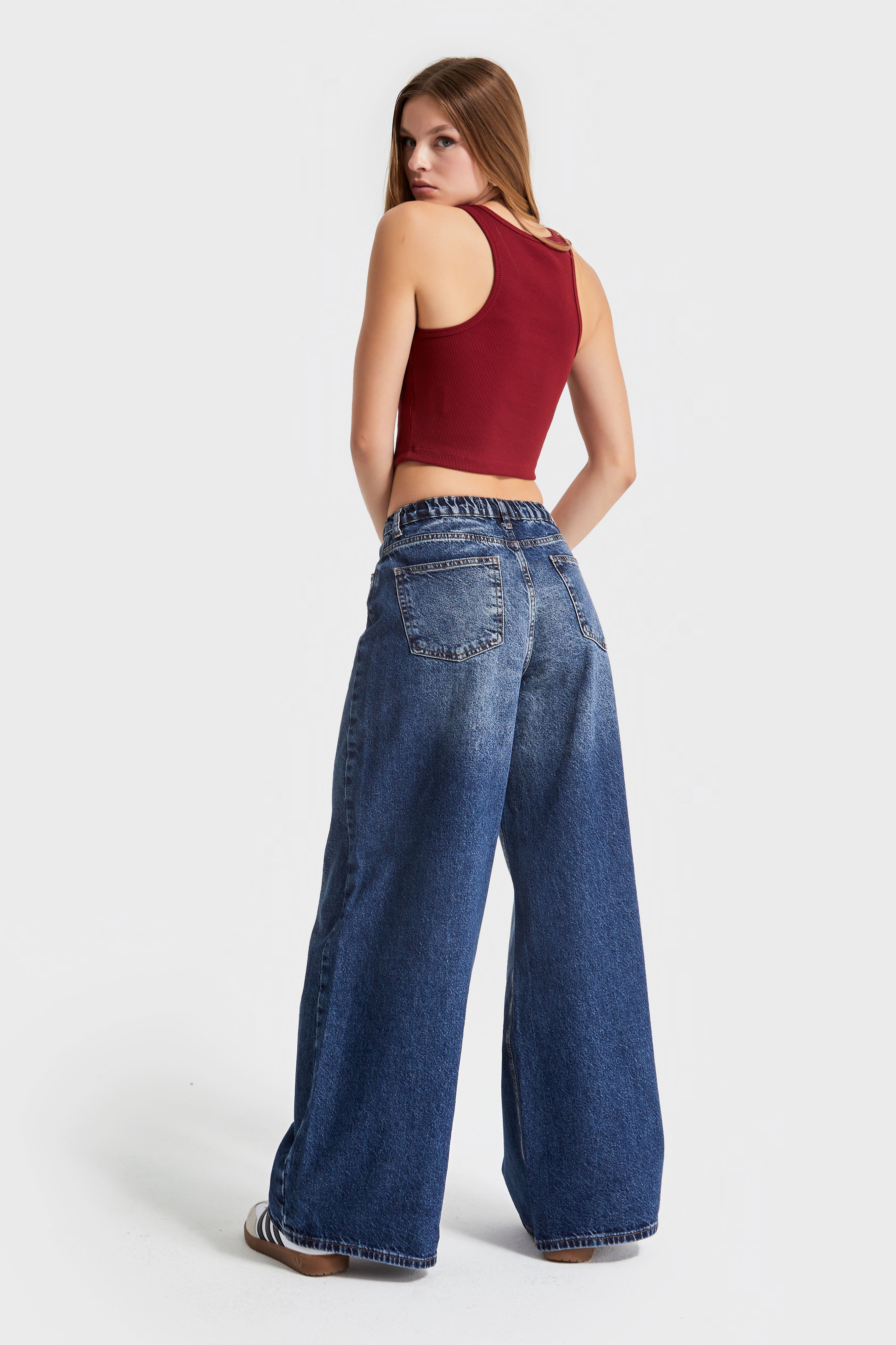 Women's Denim Color Palazzo Fit Elastic Waist Denim