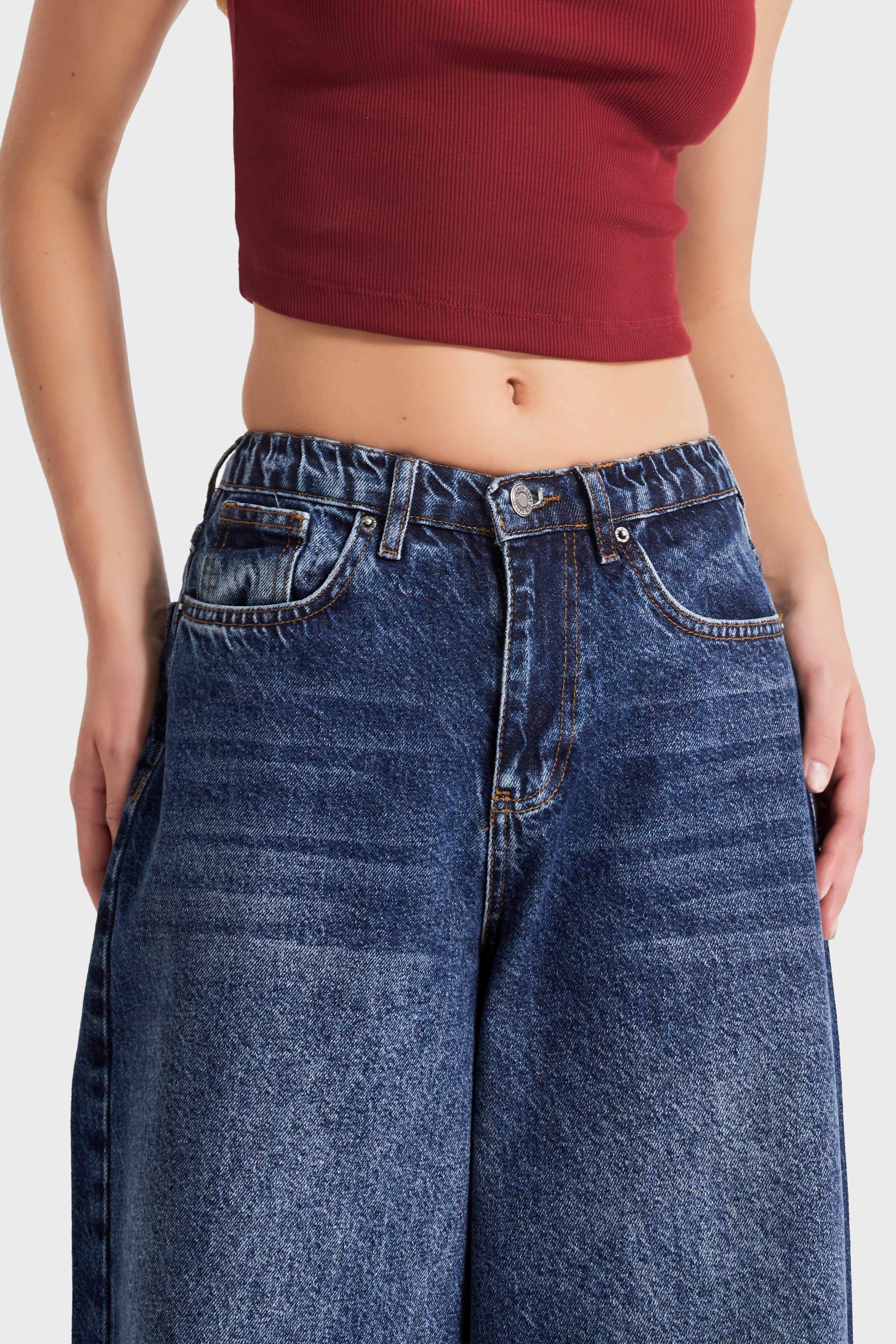 Women's Denim Color Palazzo Fit Elastic Waist Denim