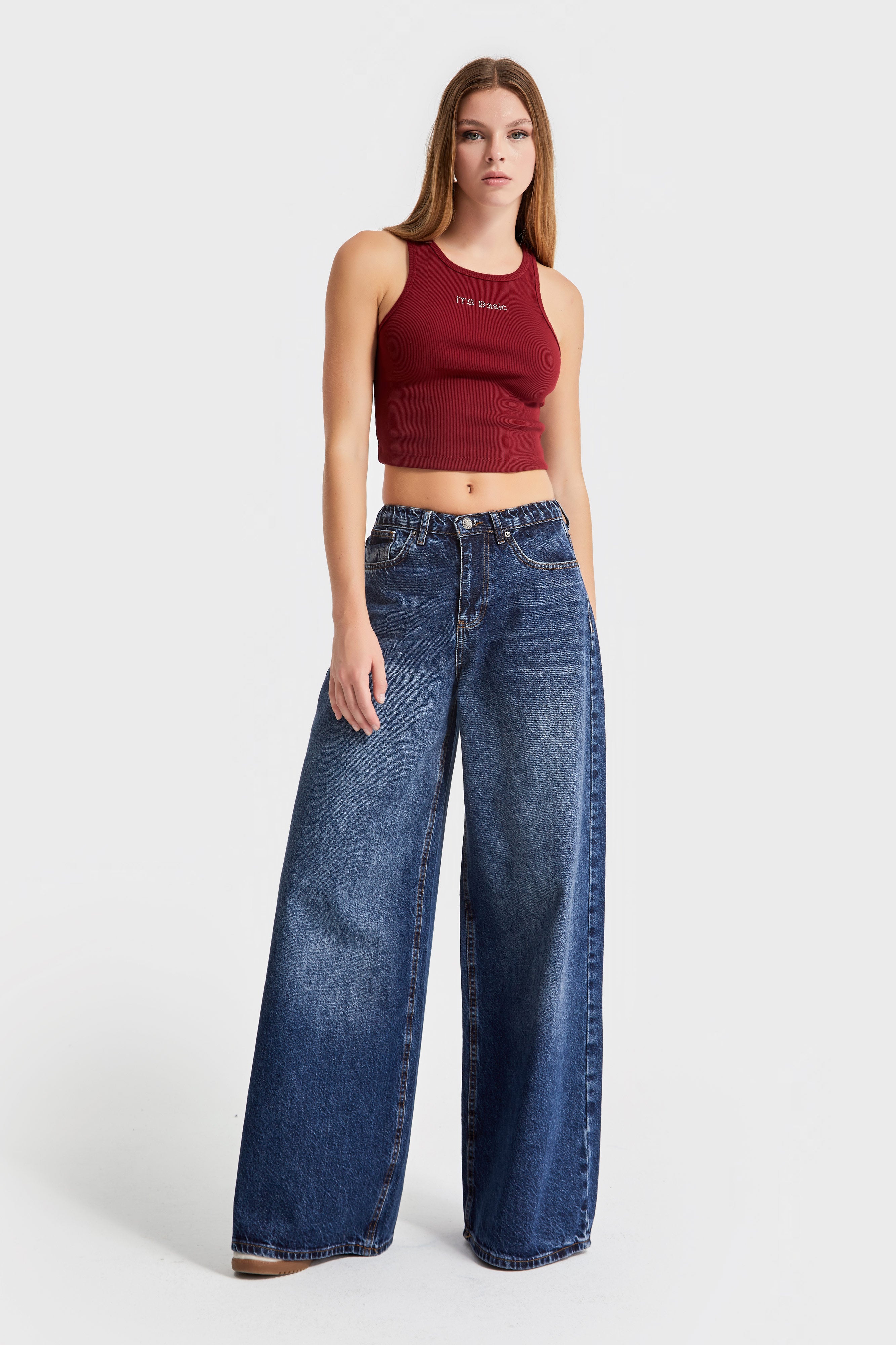 Women's Denim Color Palazzo Fit Elastic Waist Denim