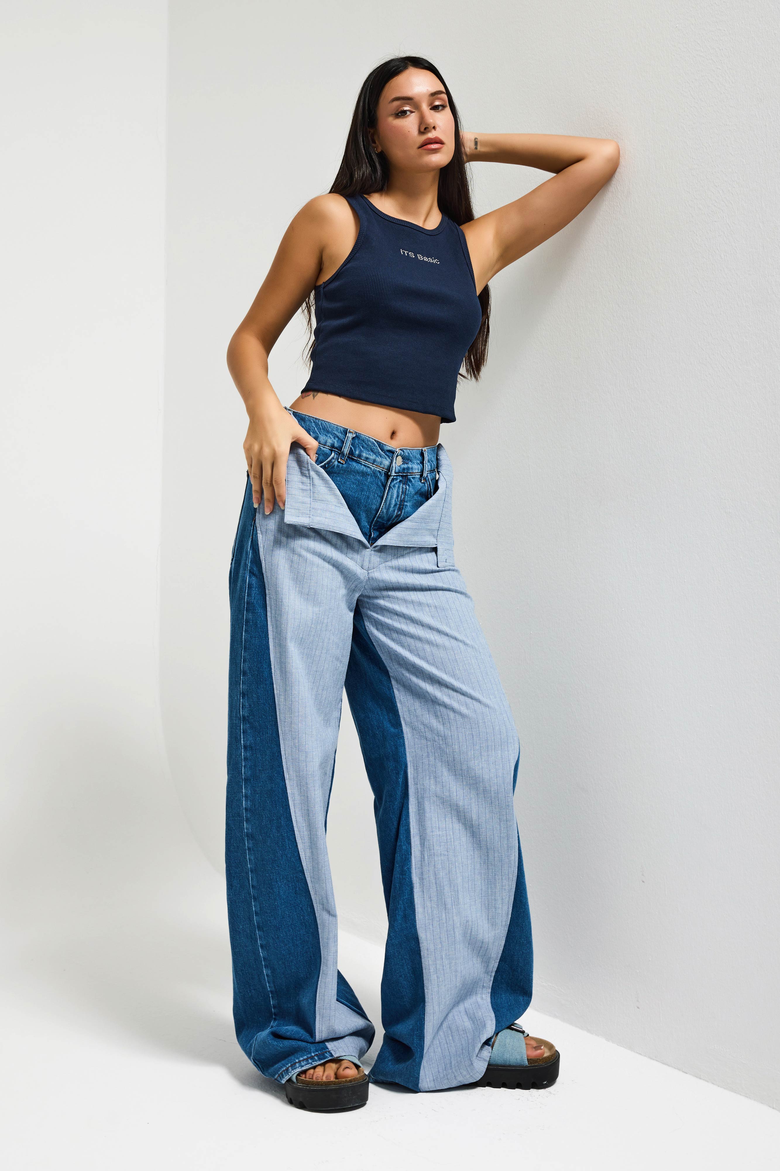 Kadın Kot Rengi Palazzo Fit Çift Kemer Detaylı Özel Tasarım Denim Jean