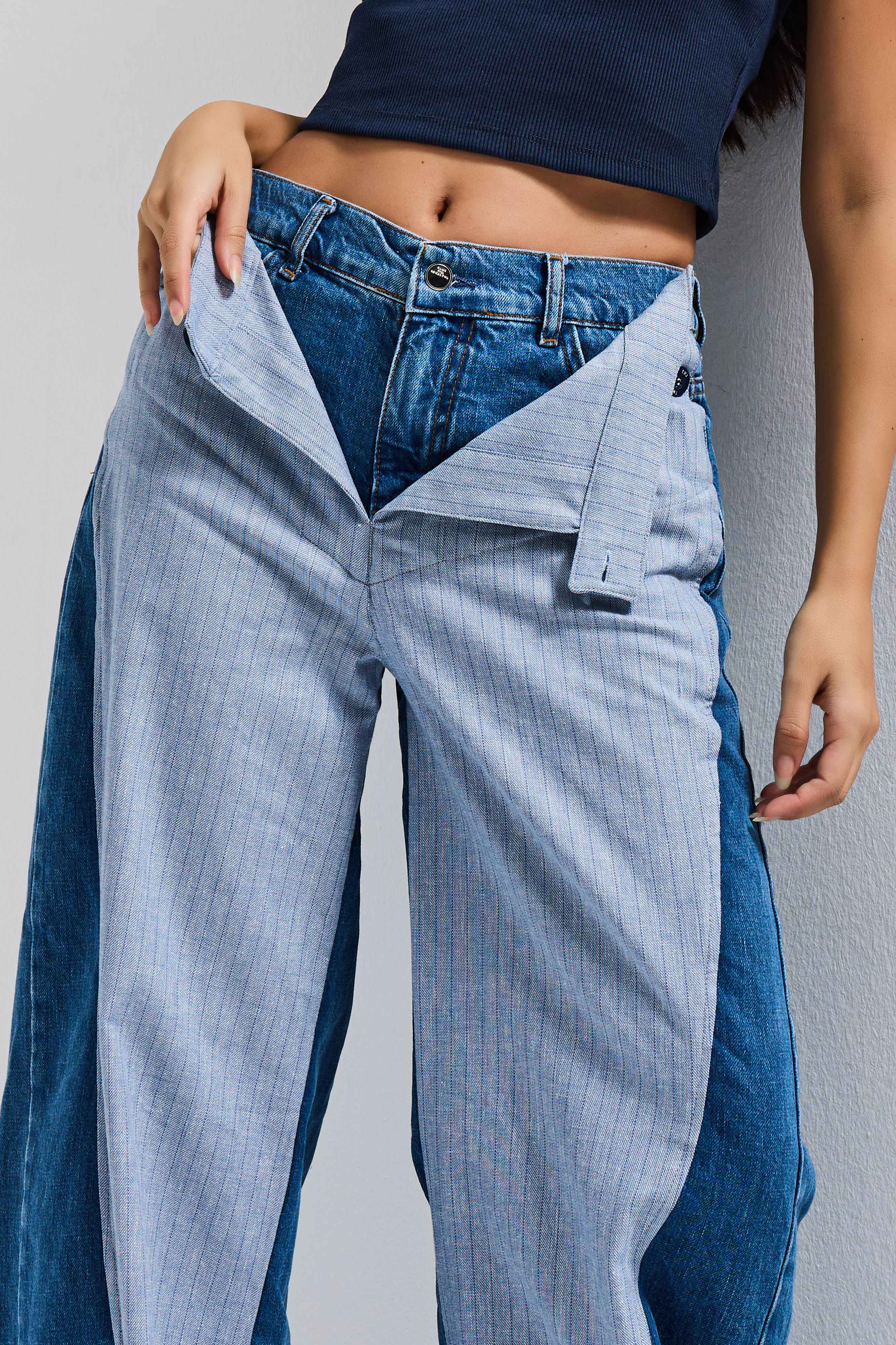 Kadın Kot Rengi Palazzo Fit Çift Kemer Detaylı Özel Tasarım Denim Jean