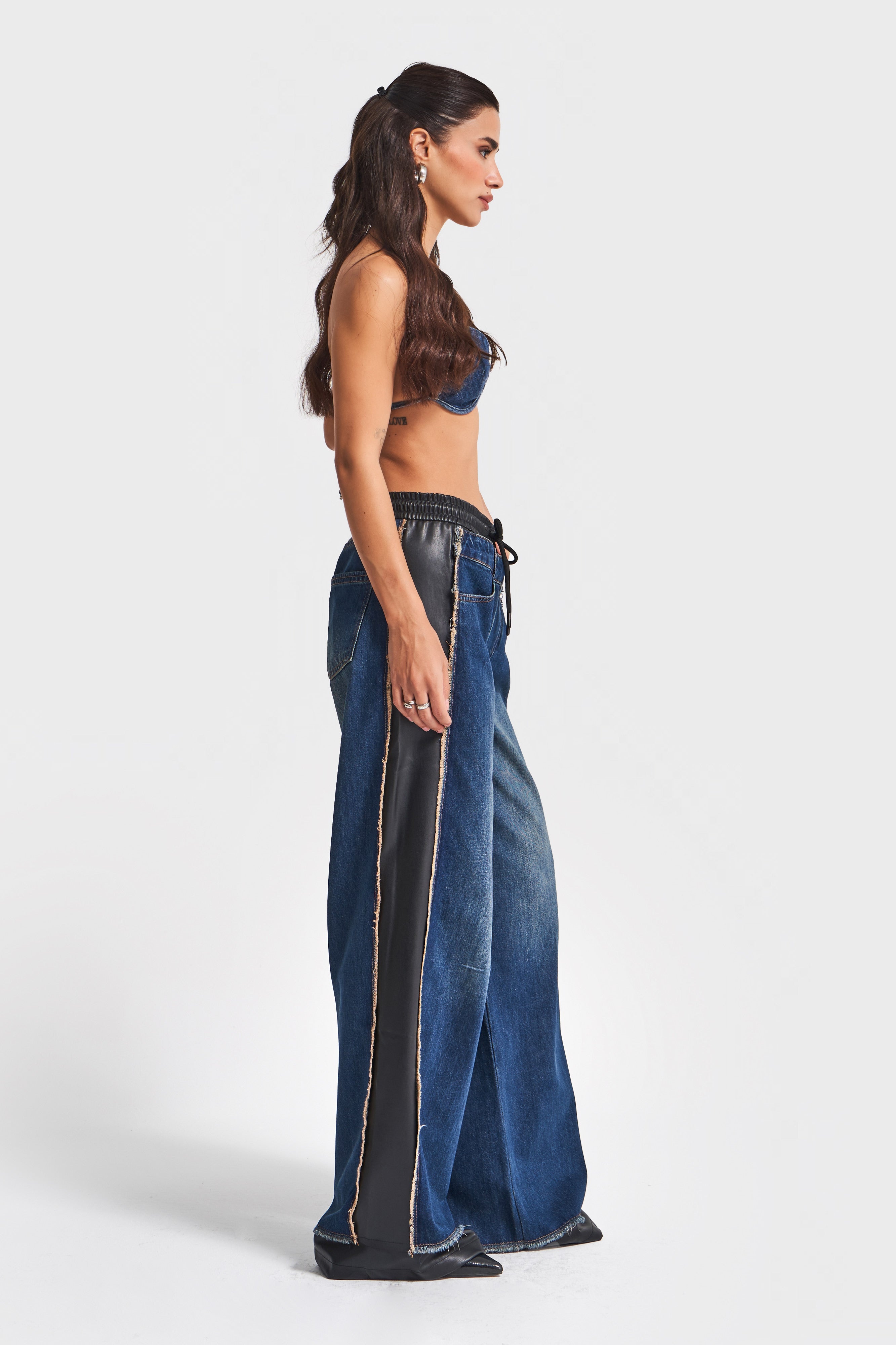Kadın Kot Rengi Palazzo Fit Deri Denim Karışımlı Özel Tasarım Denim Jean