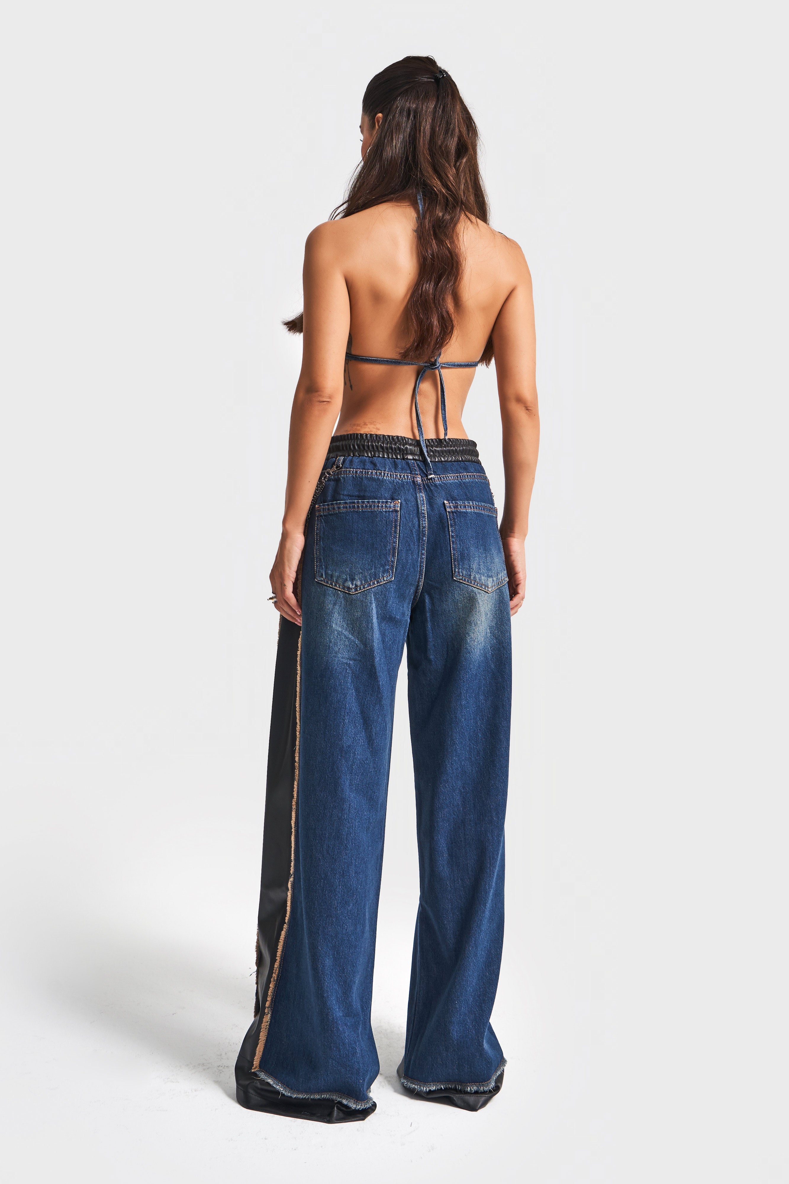 Kadın Kot Rengi Palazzo Fit Deri Denim Karışımlı Özel Tasarım Denim Jean