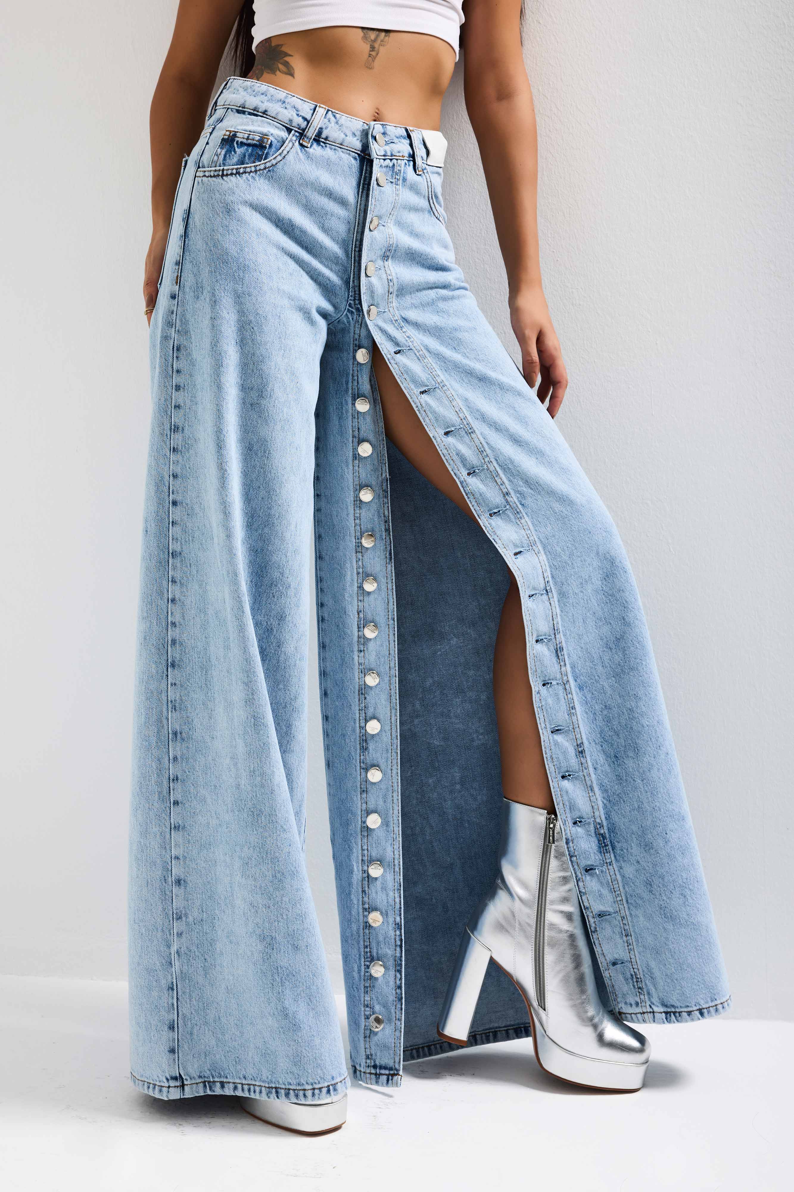 Kadın Kot Rengi Palazzo Fit Ful Düğme Yırtmaçlı Özel Tasarım Denim Jean