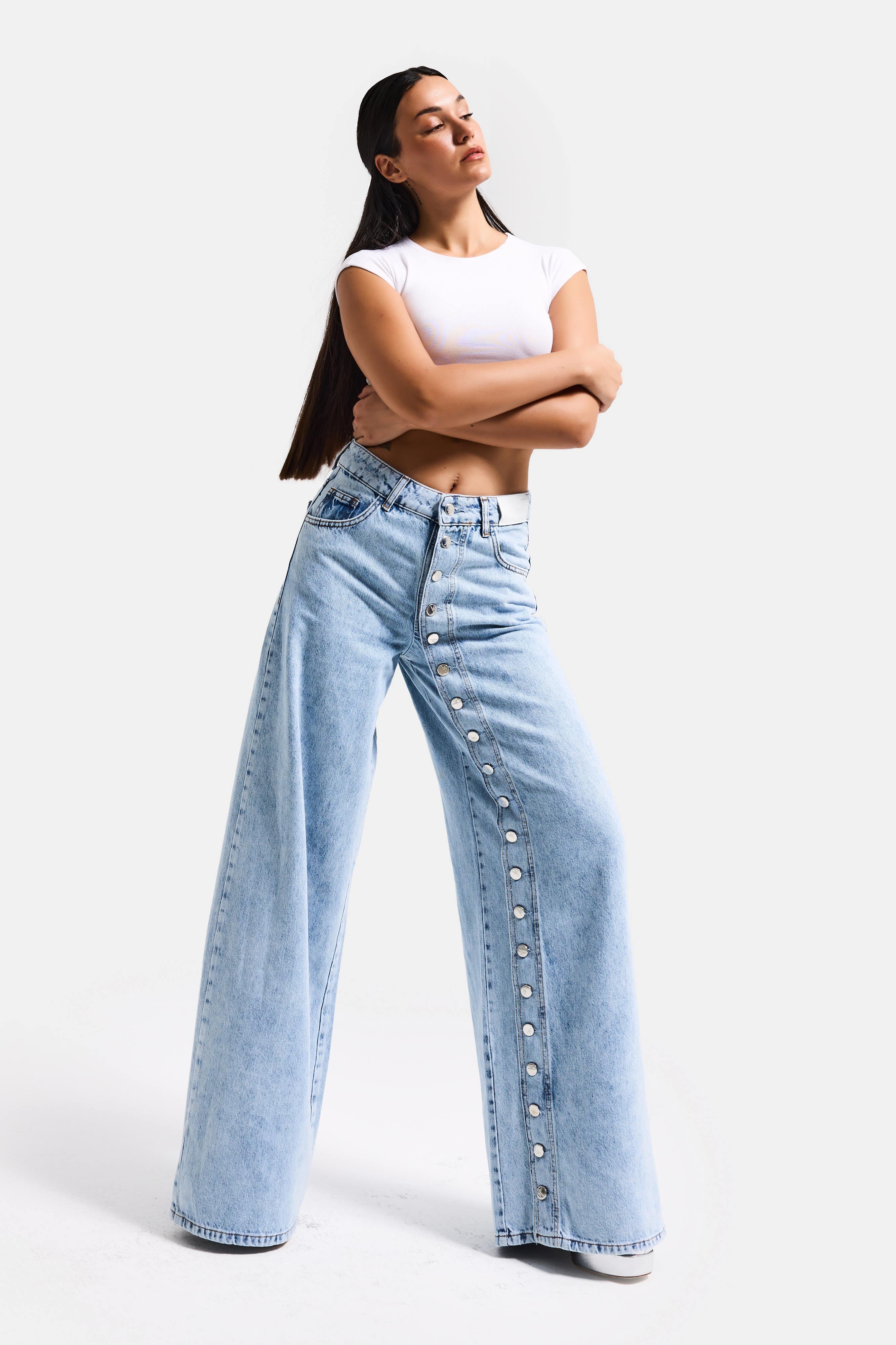 Kadın Kot Rengi Palazzo Fit Ful Düğme Yırtmaçlı Özel Tasarım Denim Jean