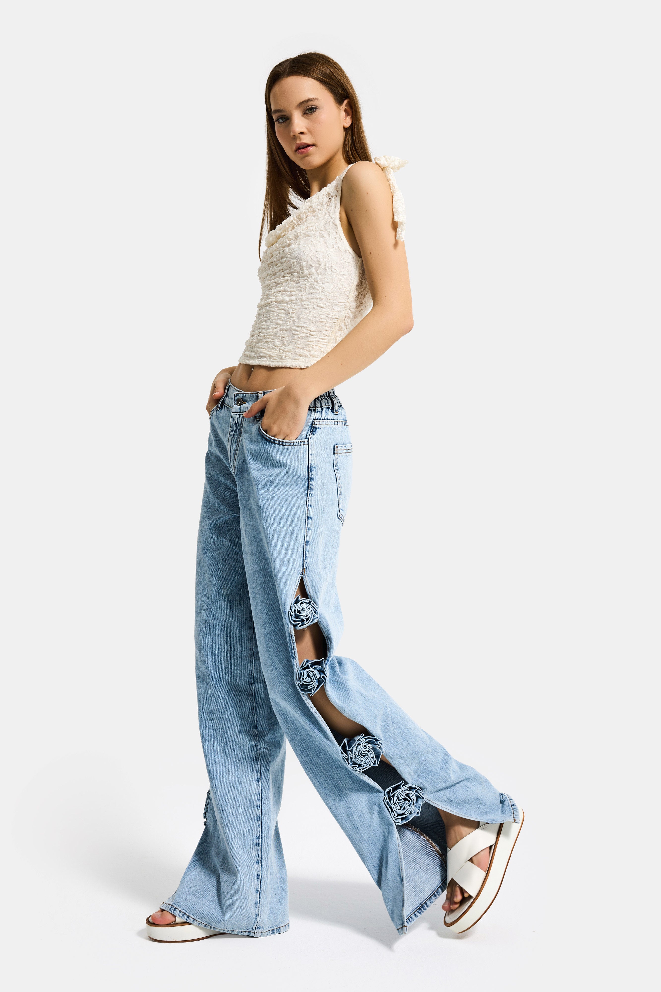 Kadın Kot Rengi Palazzo Fit Gül Detaylı Özel Tasarım Denim Jean