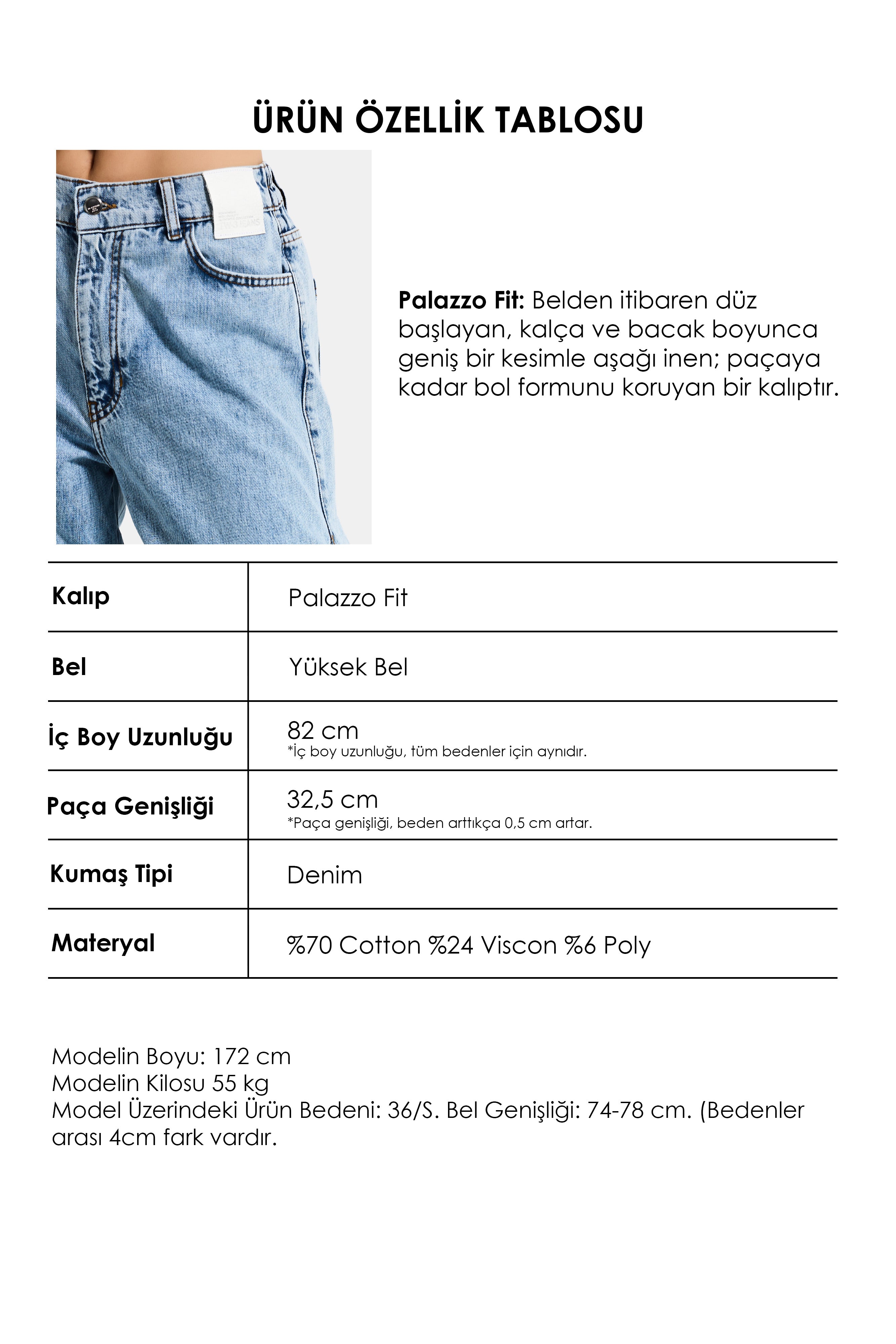 Kadın Kot Rengi Palazzo Fit Gül Detaylı Özel Tasarım Denim Jean