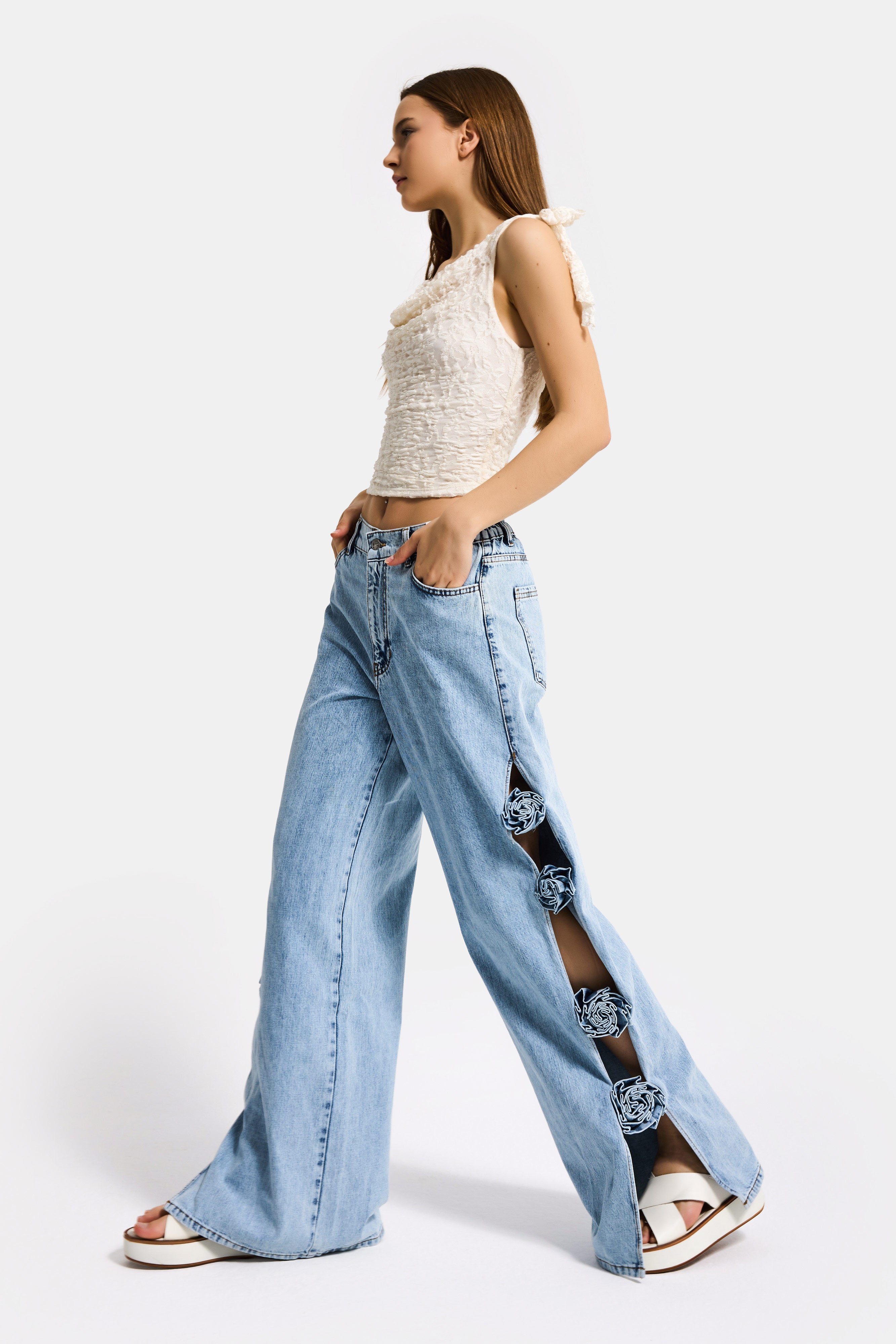 Kadın Kot Rengi Palazzo Fit Gül Detaylı Özel Tasarım Denim Jean