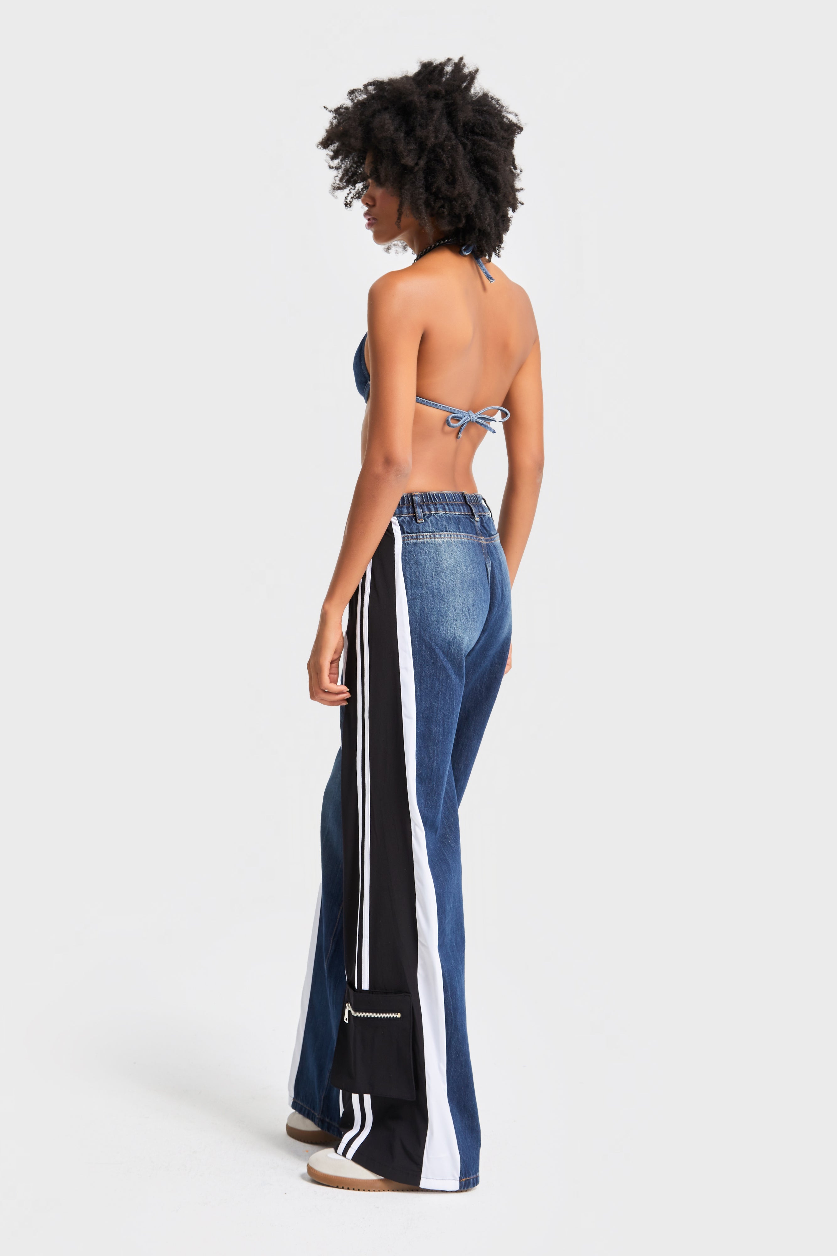 Kadın Kot Rengi Parçalı Kumaş Bol Kesim Özel Tasarım Denim Jean