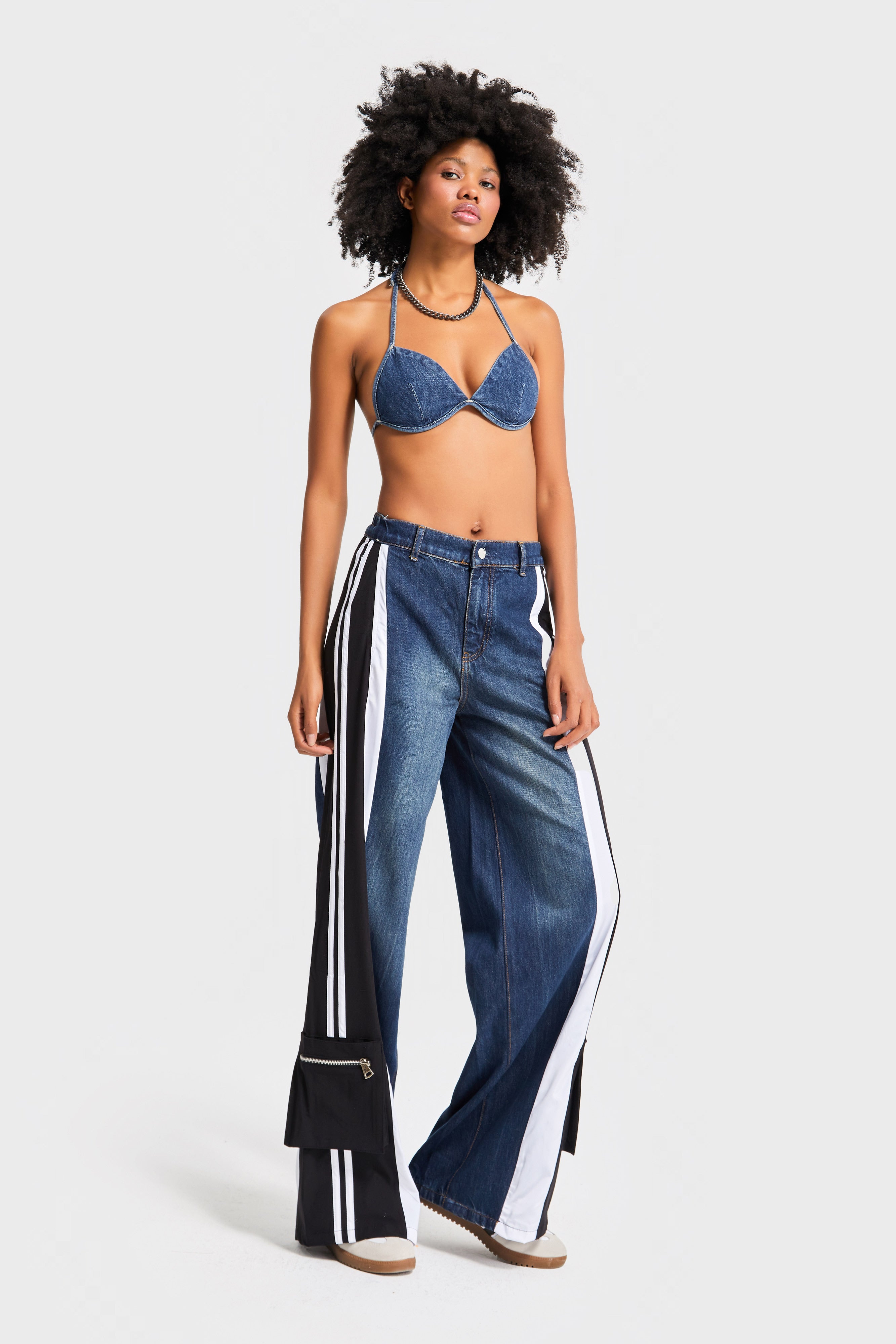 Kadın Kot Rengi Parçalı Kumaş Bol Kesim Özel Tasarım Denim Jean