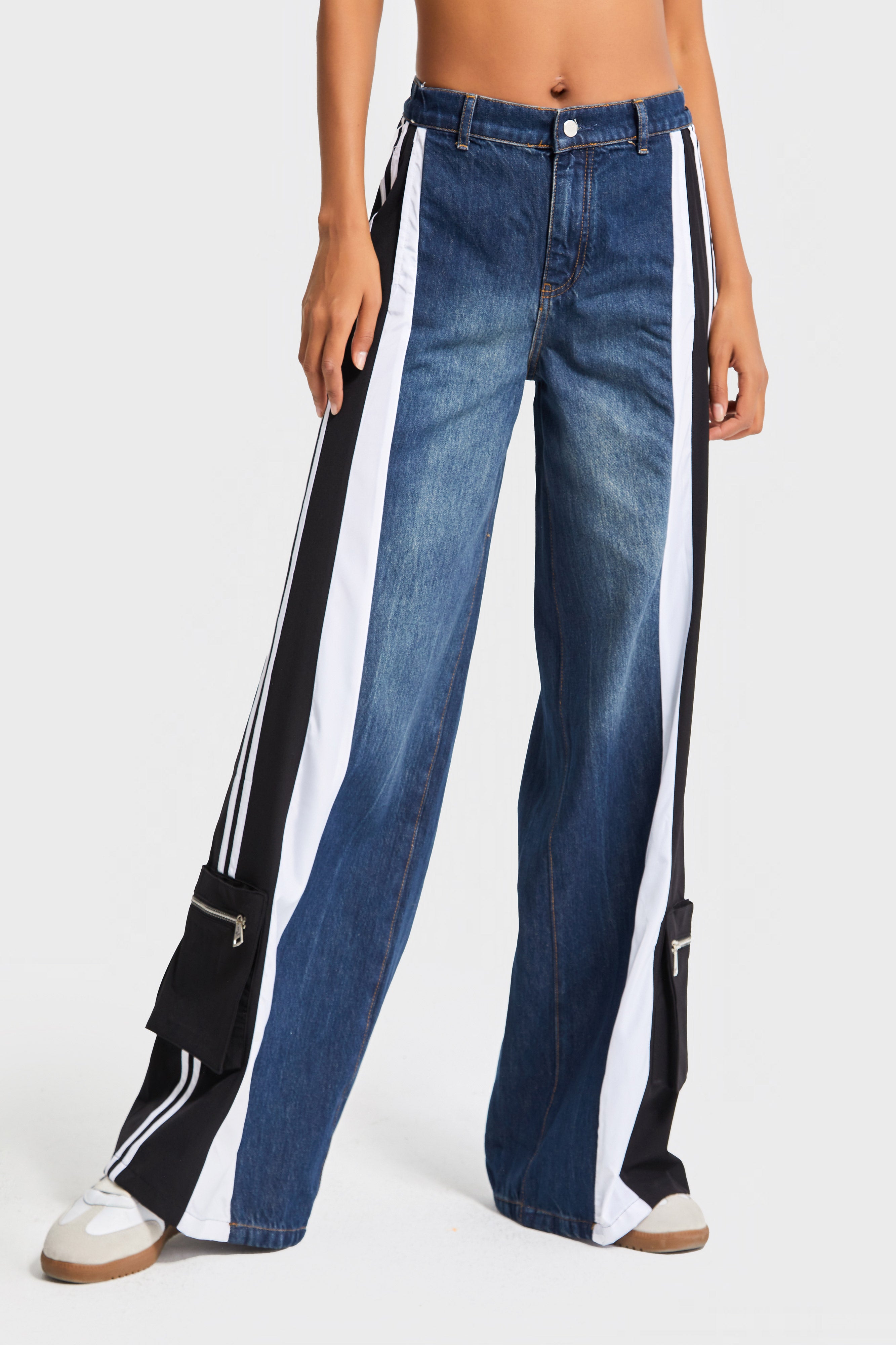 Kadın Kot Rengi Parçalı Kumaş Bol Kesim Özel Tasarım Denim Jean