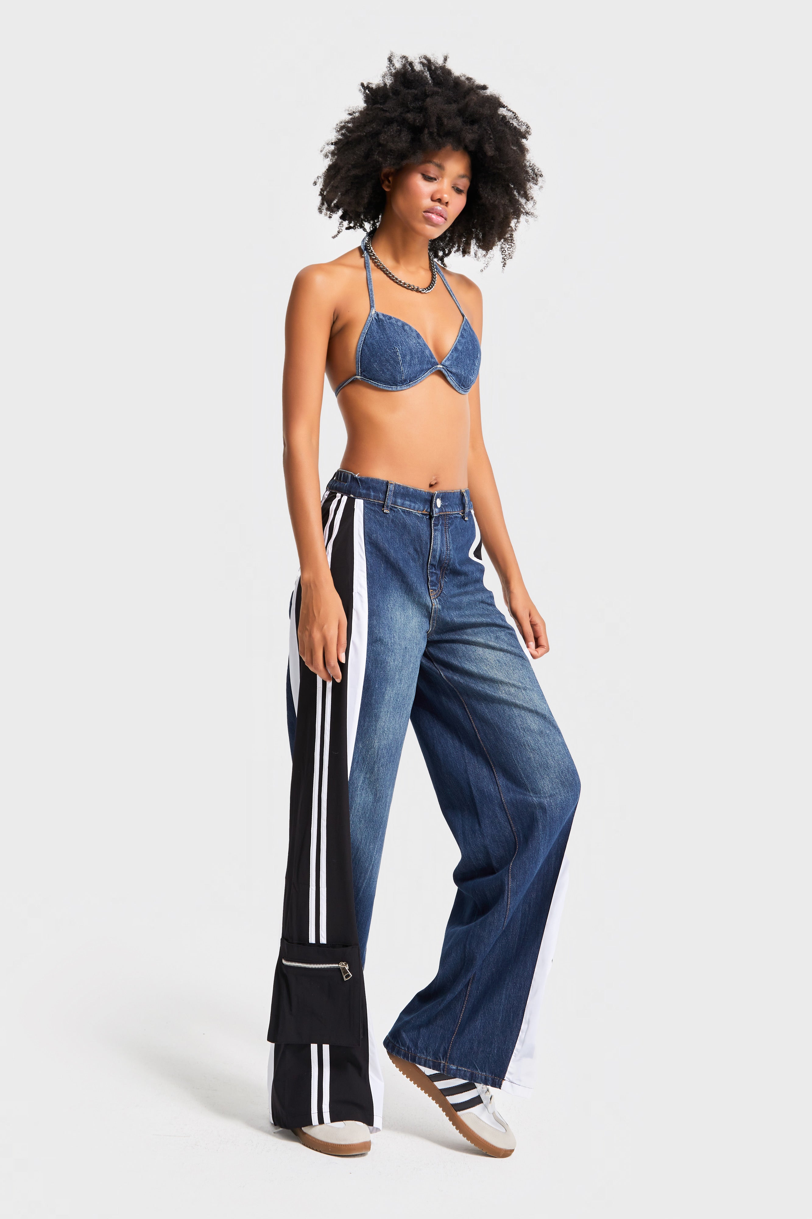 Kadın Kot Rengi Parçalı Kumaş Bol Kesim Özel Tasarım Denim Jean