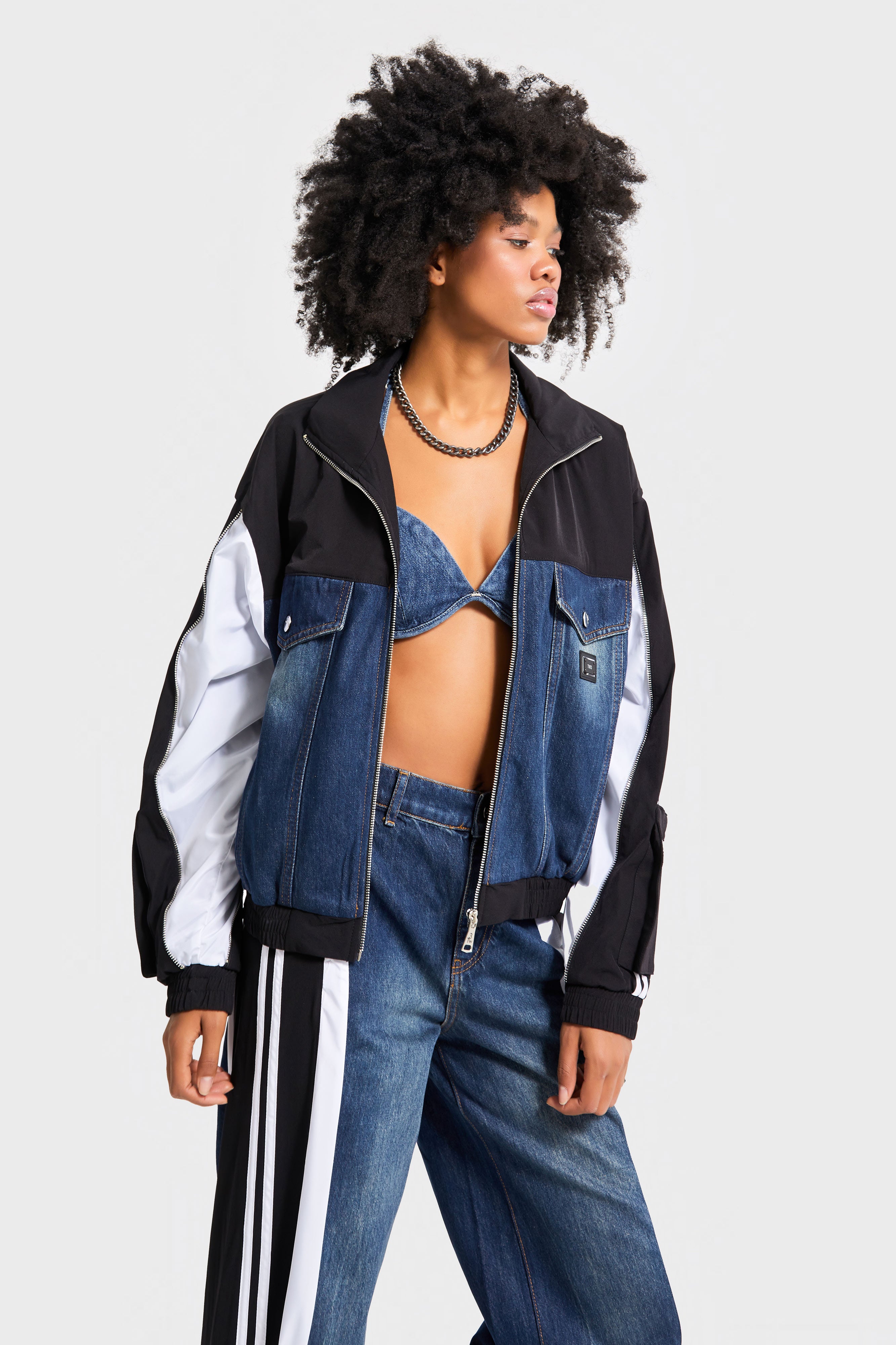 Kadın Kot Rengi Parçalı Kumaş Özel Tasarım Bol Kesim Denim Ceket