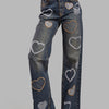 Women's Loose Fit Denim Jeans with Shining Stone Heart Detail in Blue
