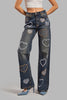 Women's Loose Fit Denim Jeans with Shining Stone Heart Detail in Blue