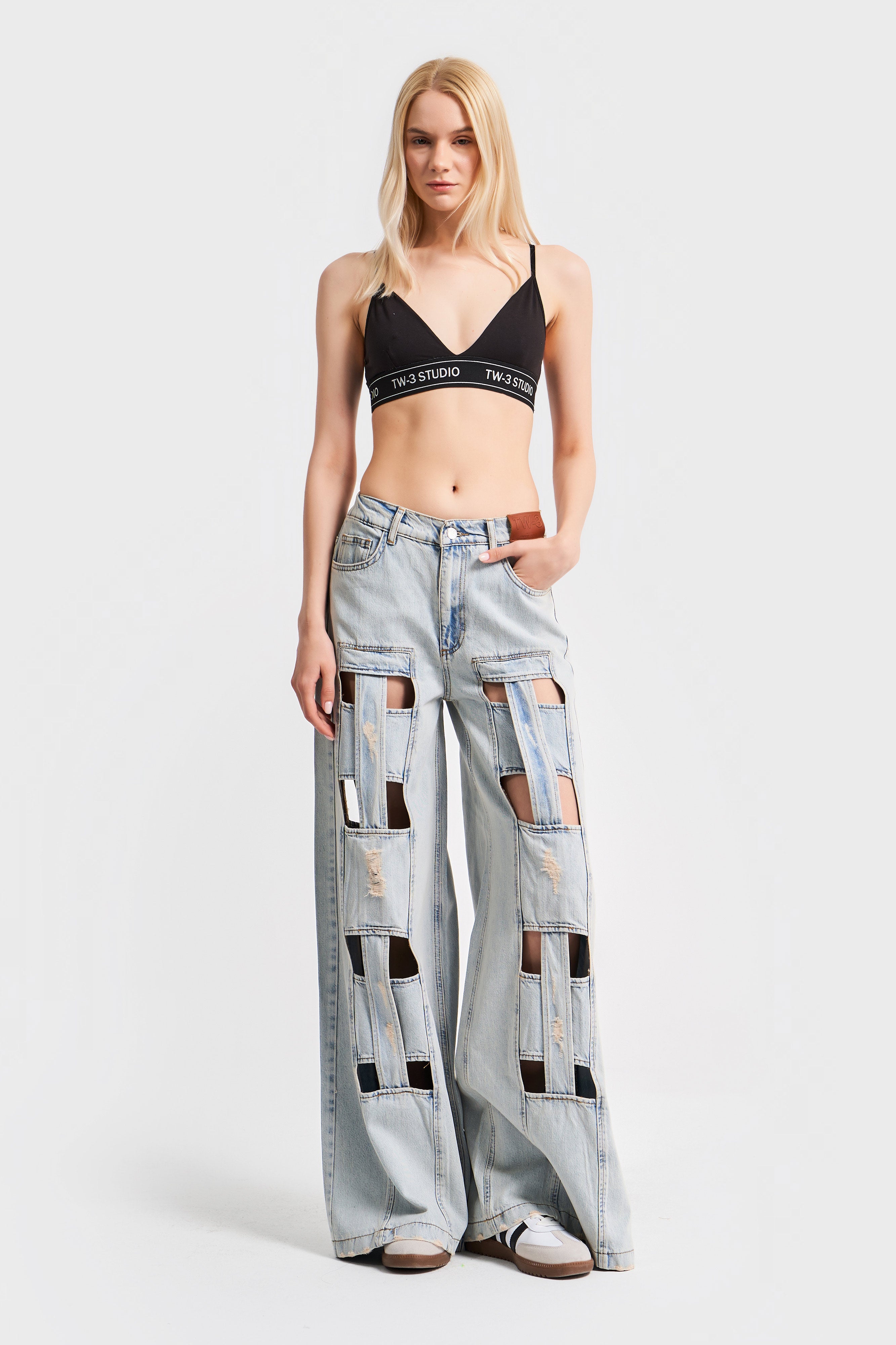 Kadın Kot Rengi Pencere Detaylı Palazzo Fit Tasarım Denim