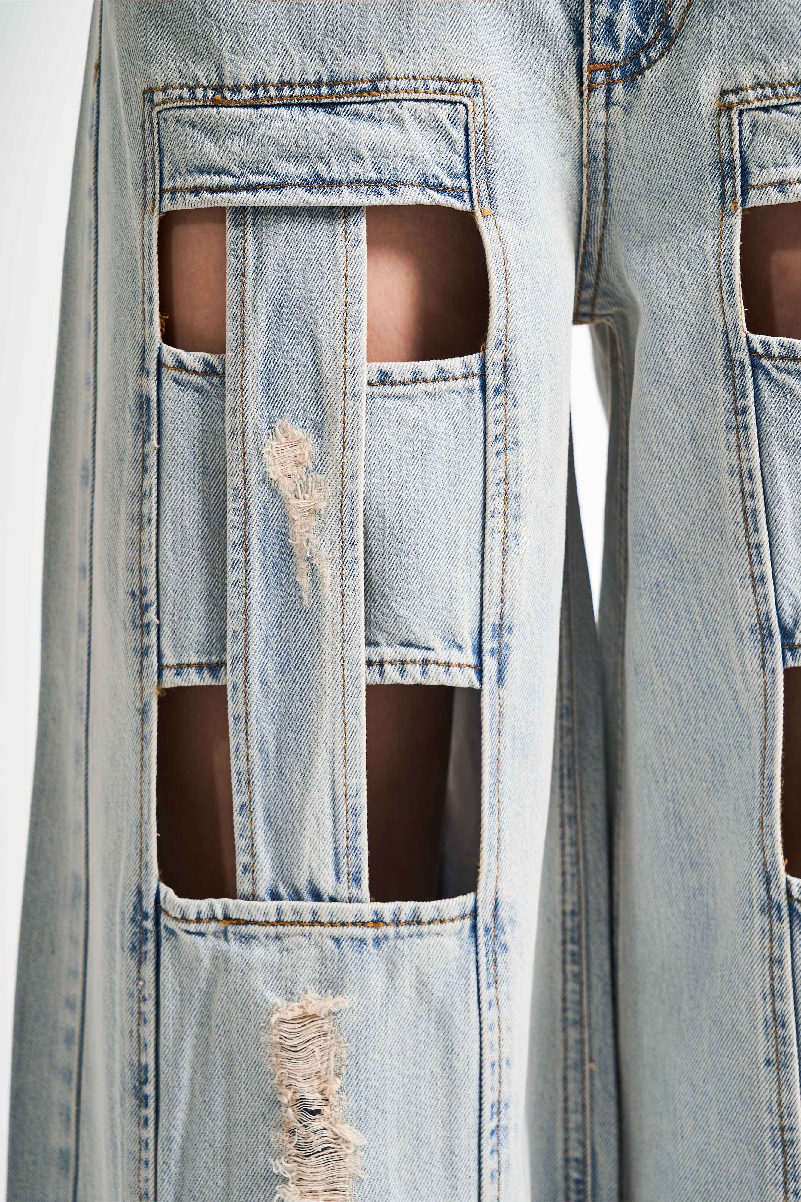 Kadın Kot Rengi Pencere Detaylı Palazzo Fit Tasarım Denim