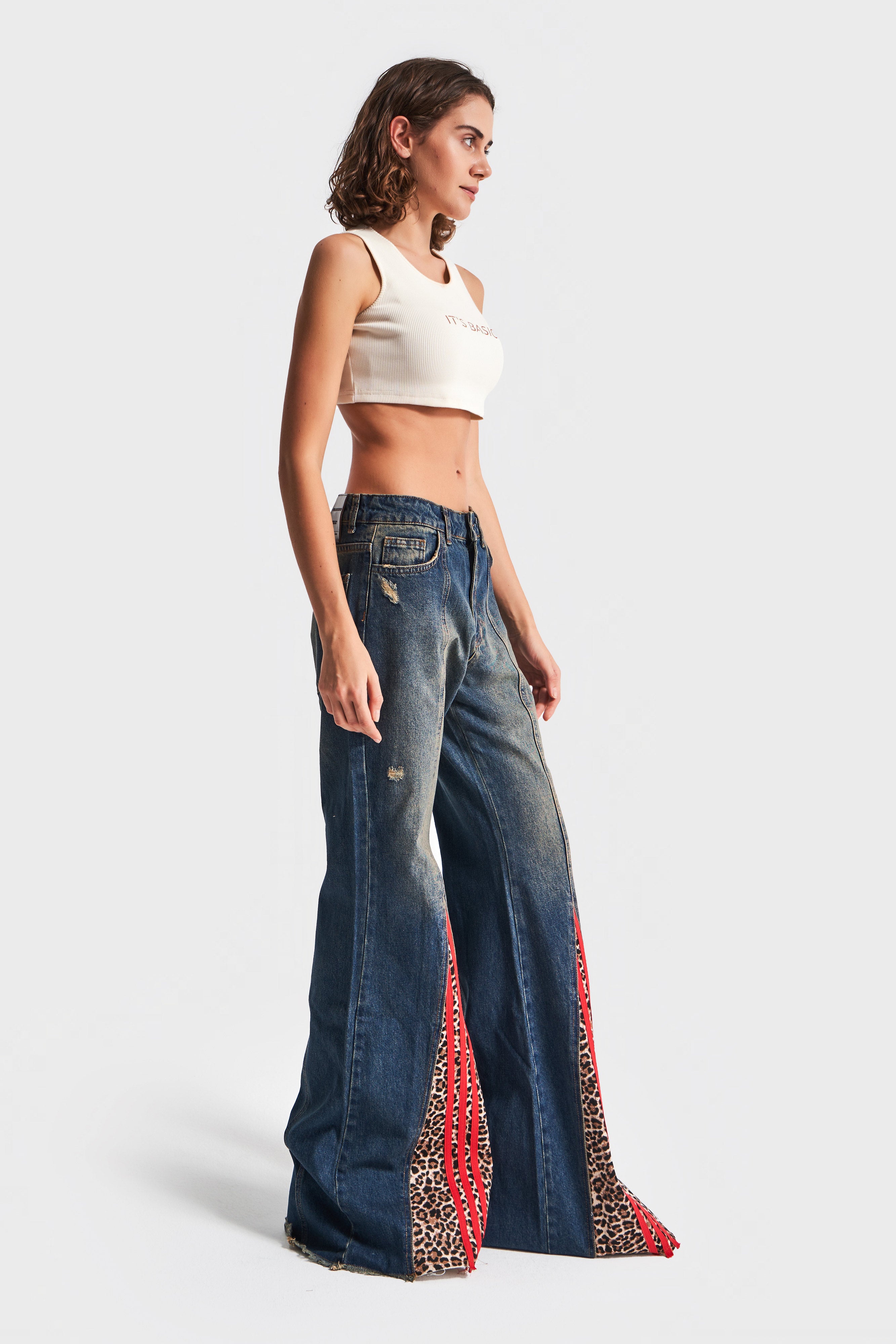 Women's Denim Color Stripe and Leopard Detailed Design Flare Denim