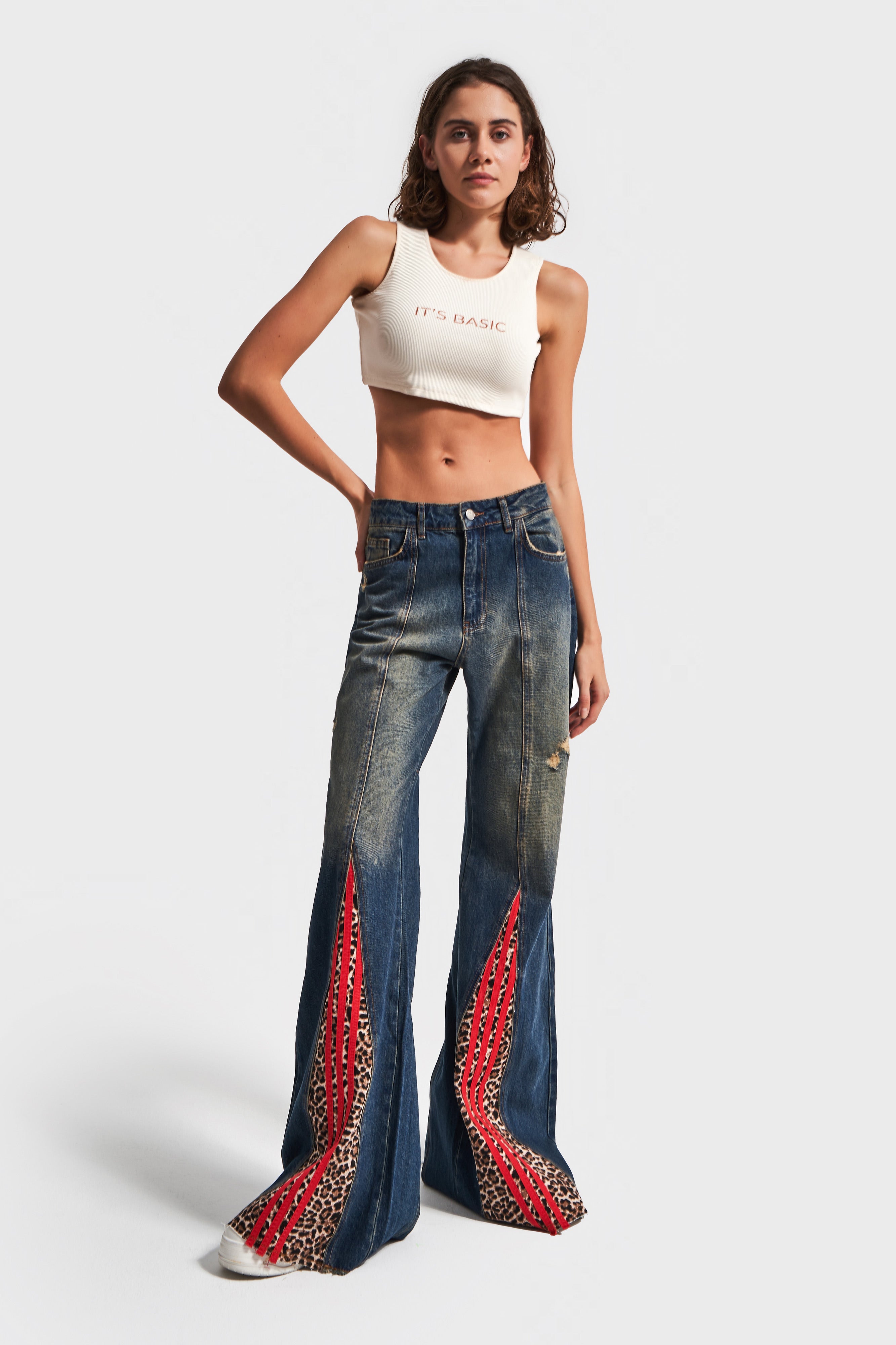 Women's Denim Color Stripe and Leopard Detailed Design Flare Denim