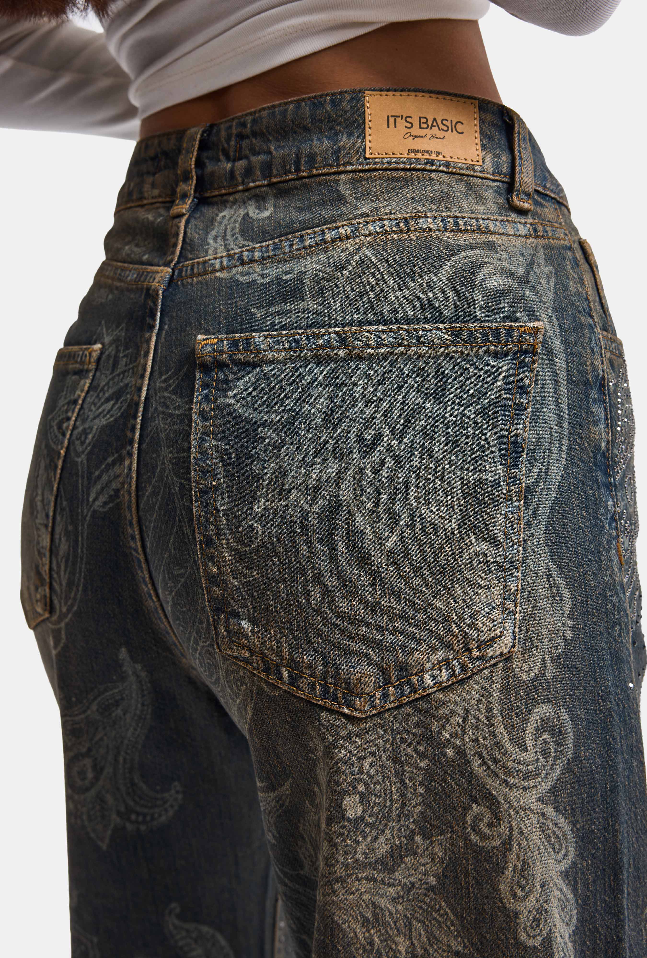 Kadın Kot Rengi T-10w6-8 Loose Fit Parlak Taş ve Desen Tasarım Denim Jean