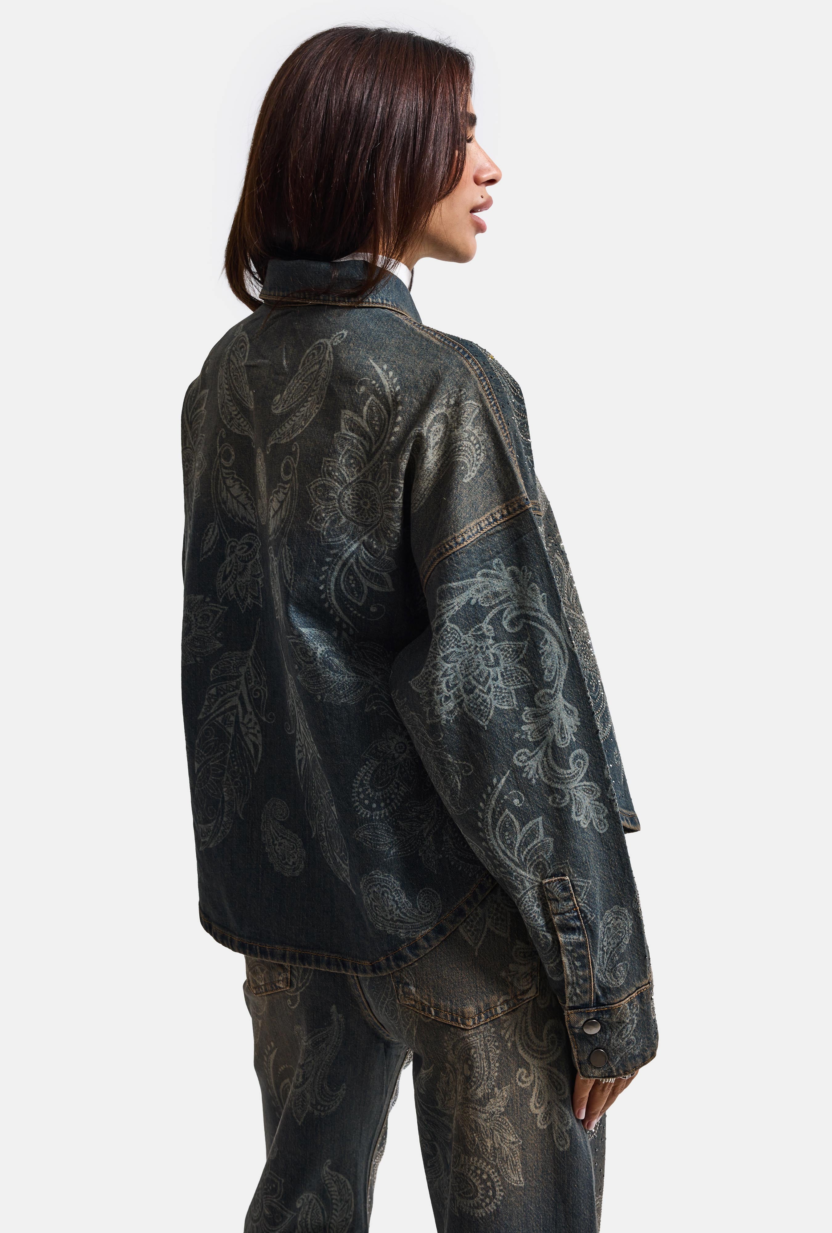 Kadın Kot Rengi T-10w6-8 Oversize Parlak Taş ve Desen Özel Tasarım Denim Ceket