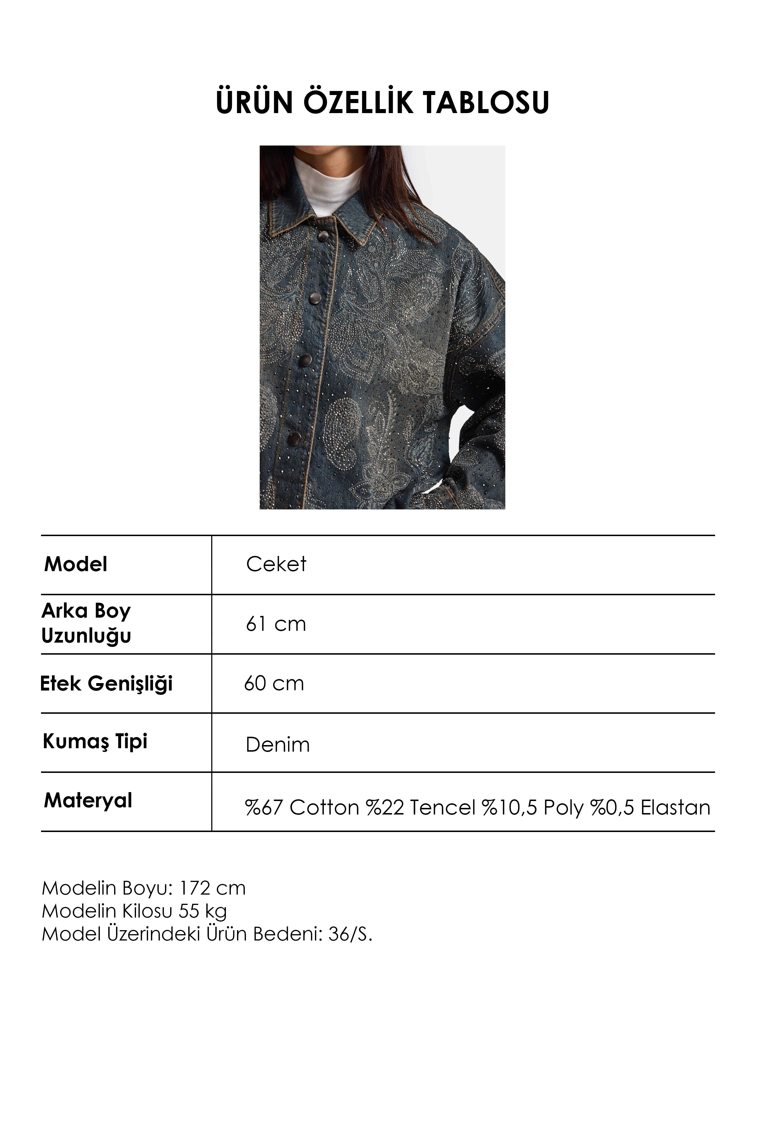 Kadın Kot Rengi T-10w6-8 Oversize Parlak Taş ve Desen Özel Tasarım Denim Ceket