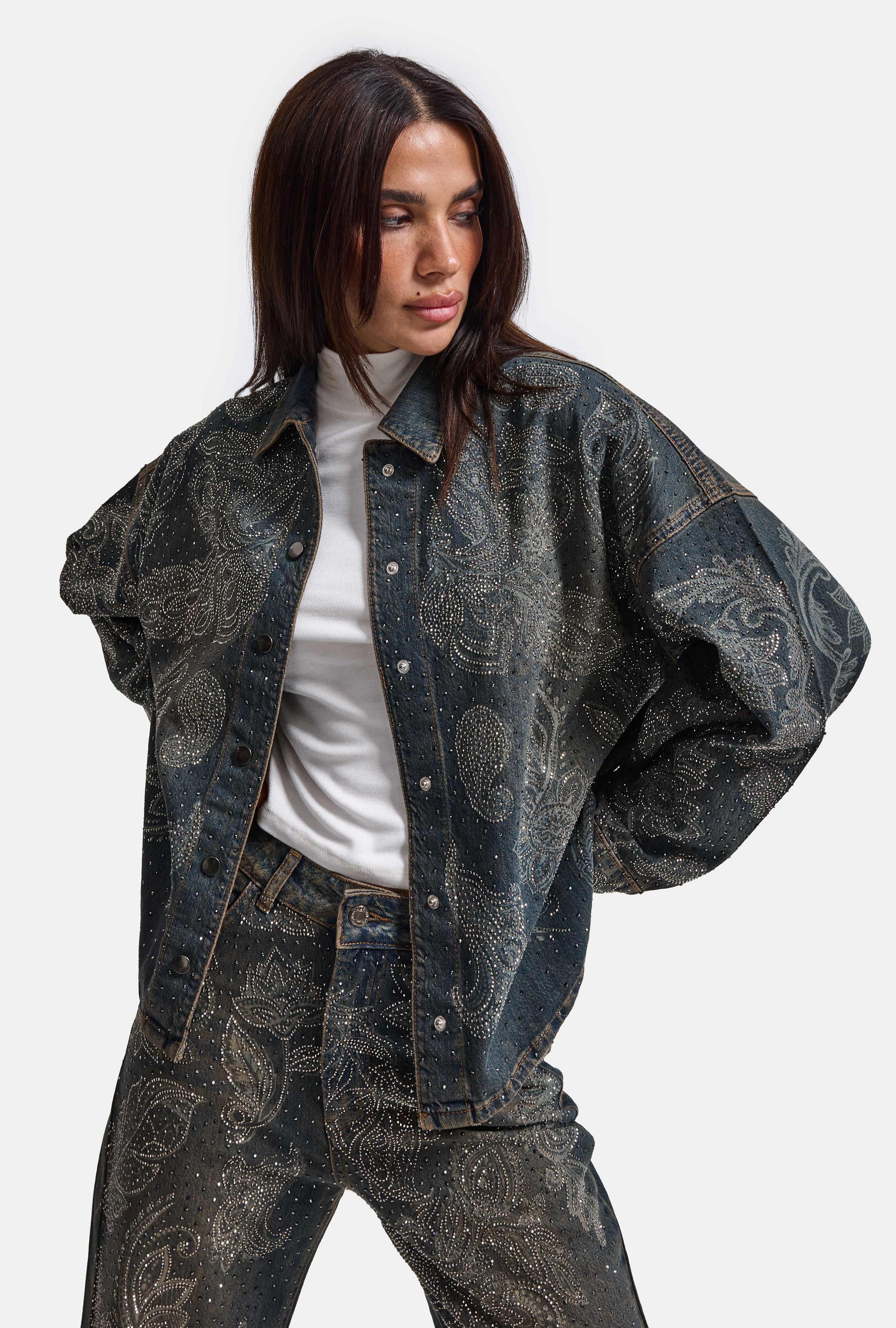 Kadın Kot Rengi T-10w6-8 Oversize Parlak Taş ve Desen Özel Tasarım Denim Ceket