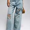 Kadın Kot Rengi T-12s6-32 Süper Baggy Orta Bel Parlak Taşlı Özel Tasarım Denim Jean