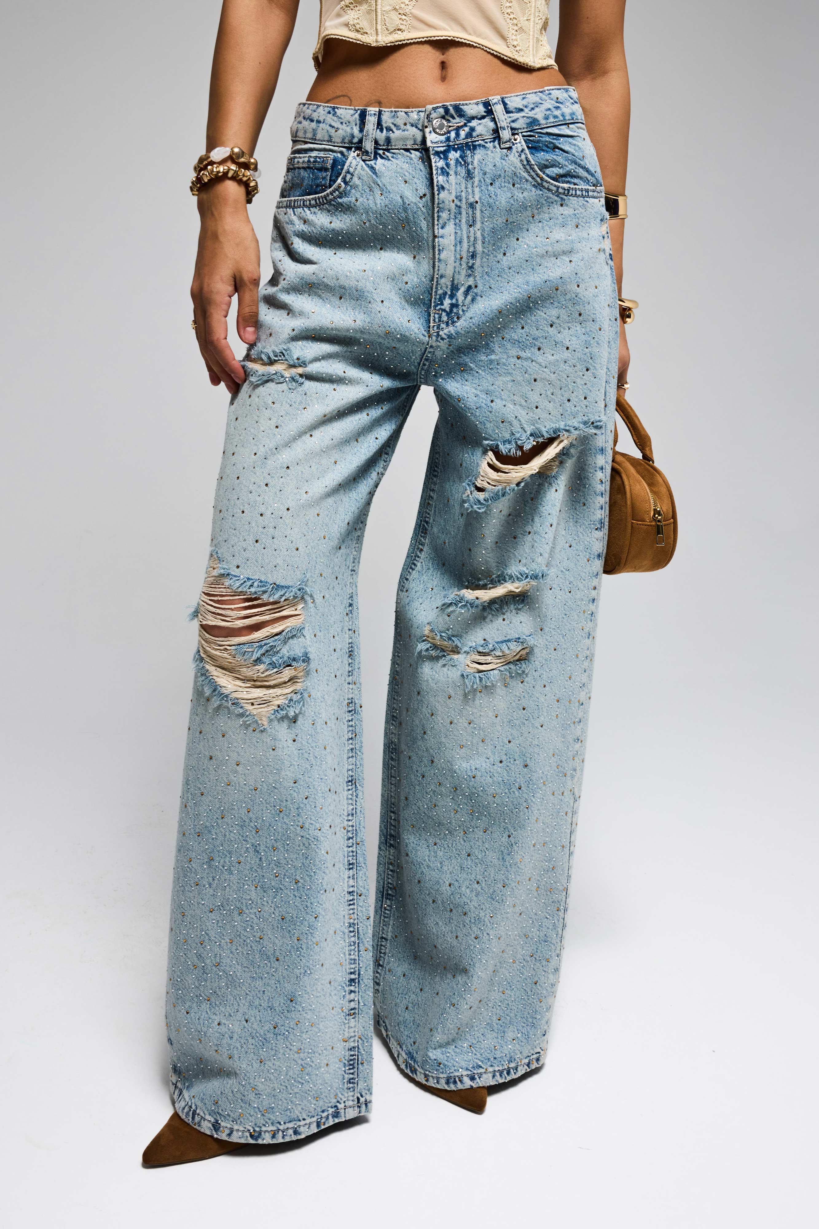 Kadın Kot Rengi T-12s6-32 Süper Baggy Orta Bel Parlak Taşlı Özel Tasarım Denim Jean