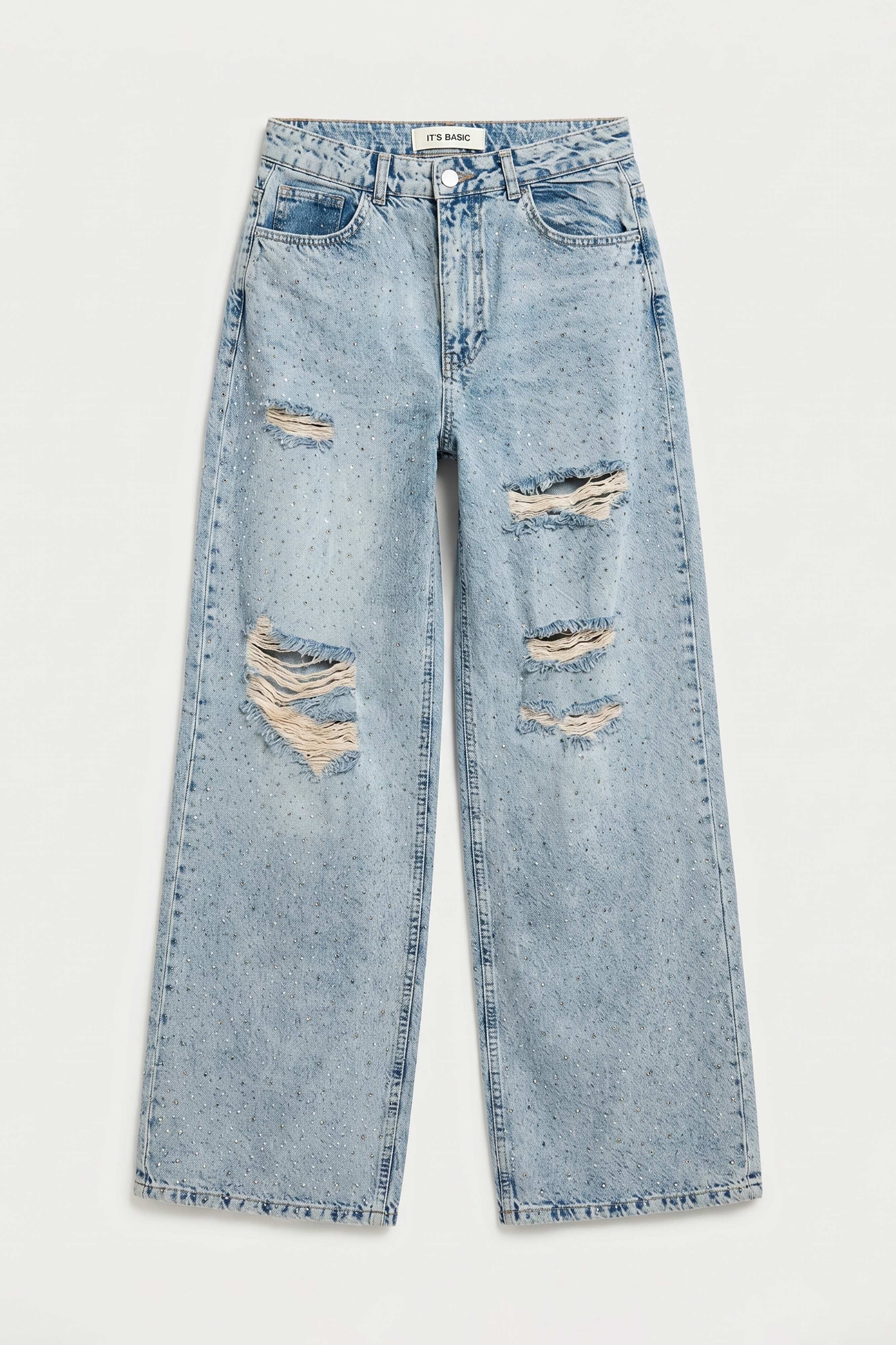 Kadın Kot Rengi T-12s6-32 Süper Baggy Orta Bel Parlak Taşlı Özel Tasarım Denim Jean