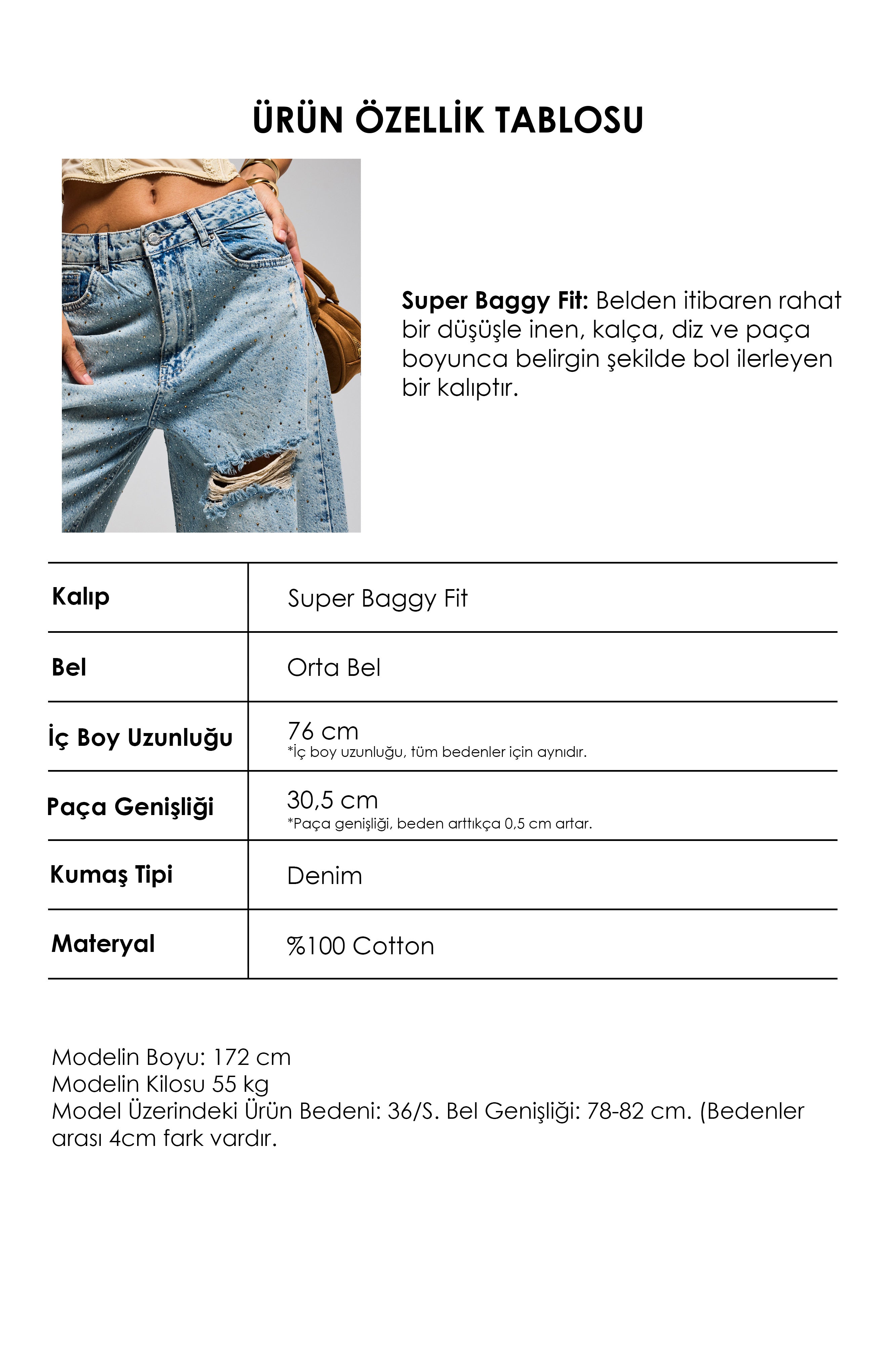 Kadın Kot Rengi T-12s6-32 Süper Baggy Orta Bel Parlak Taşlı Özel Tasarım Denim Jean