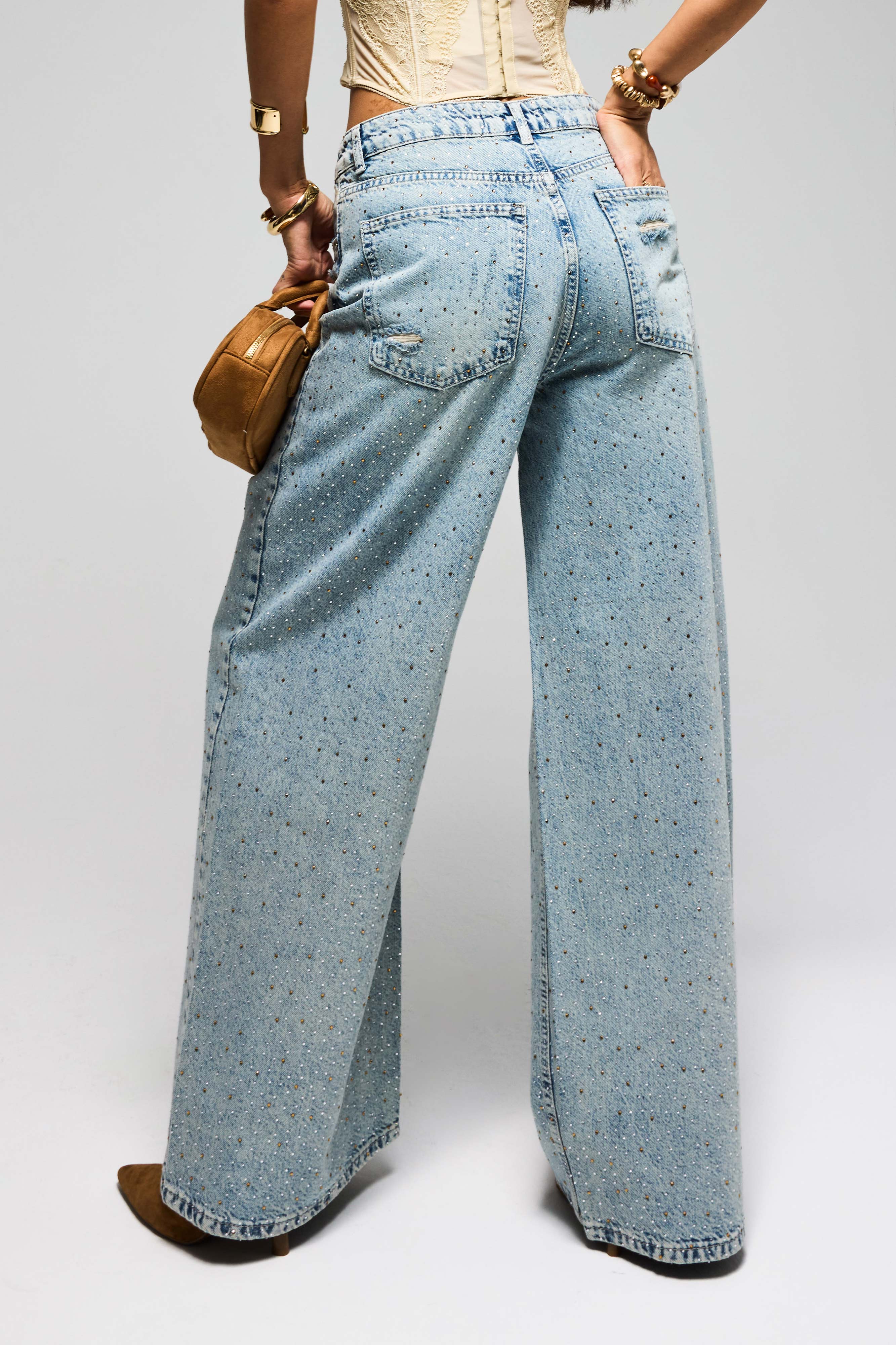 Kadın Kot Rengi T-12s6-32 Süper Baggy Orta Bel Parlak Taşlı Özel Tasarım Denim Jean