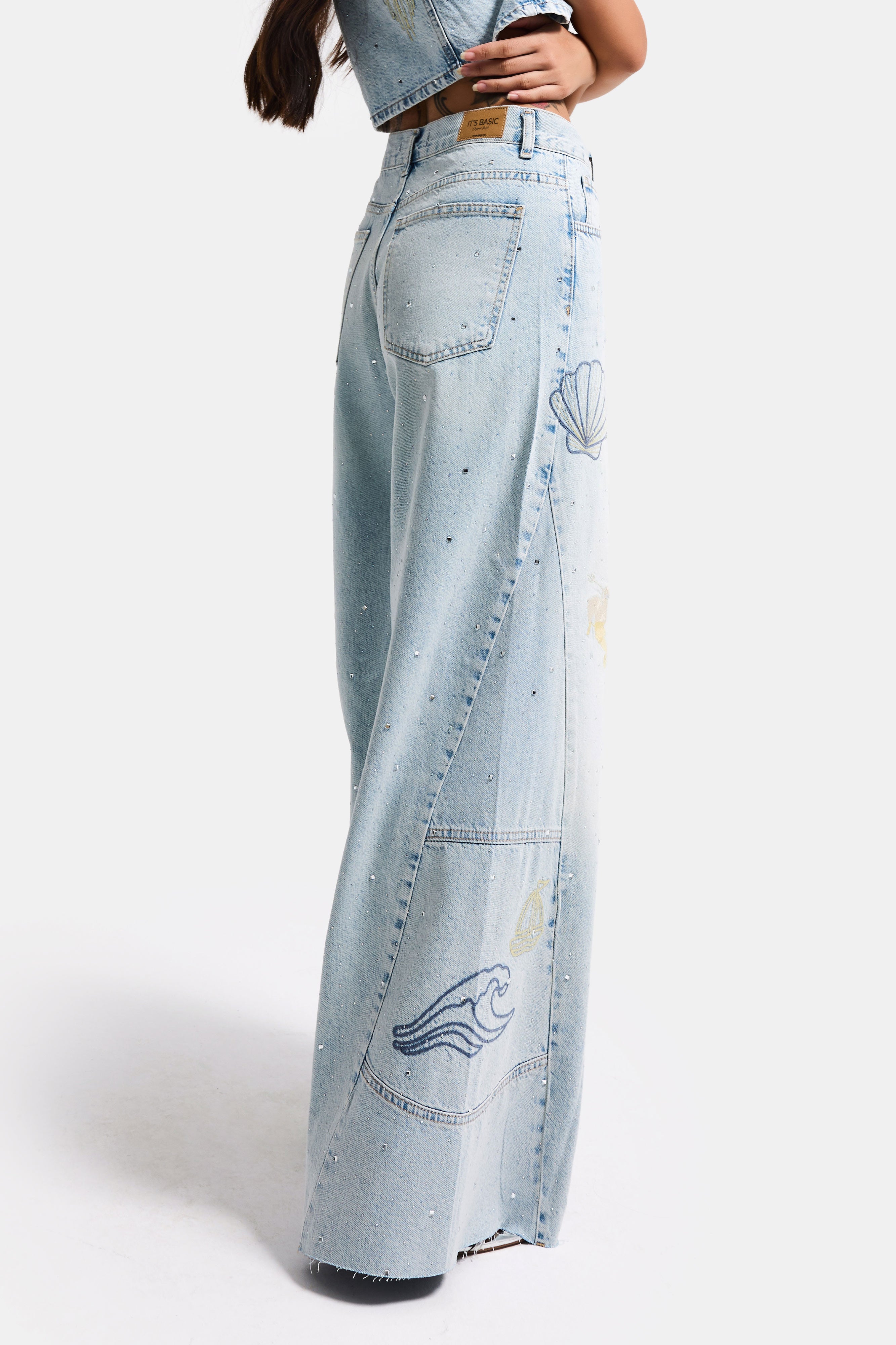 Kadın Kot Rengi T-12s6-99 Palazzo Fit Nakış Detaylı Özel Tasarım Denim Jean