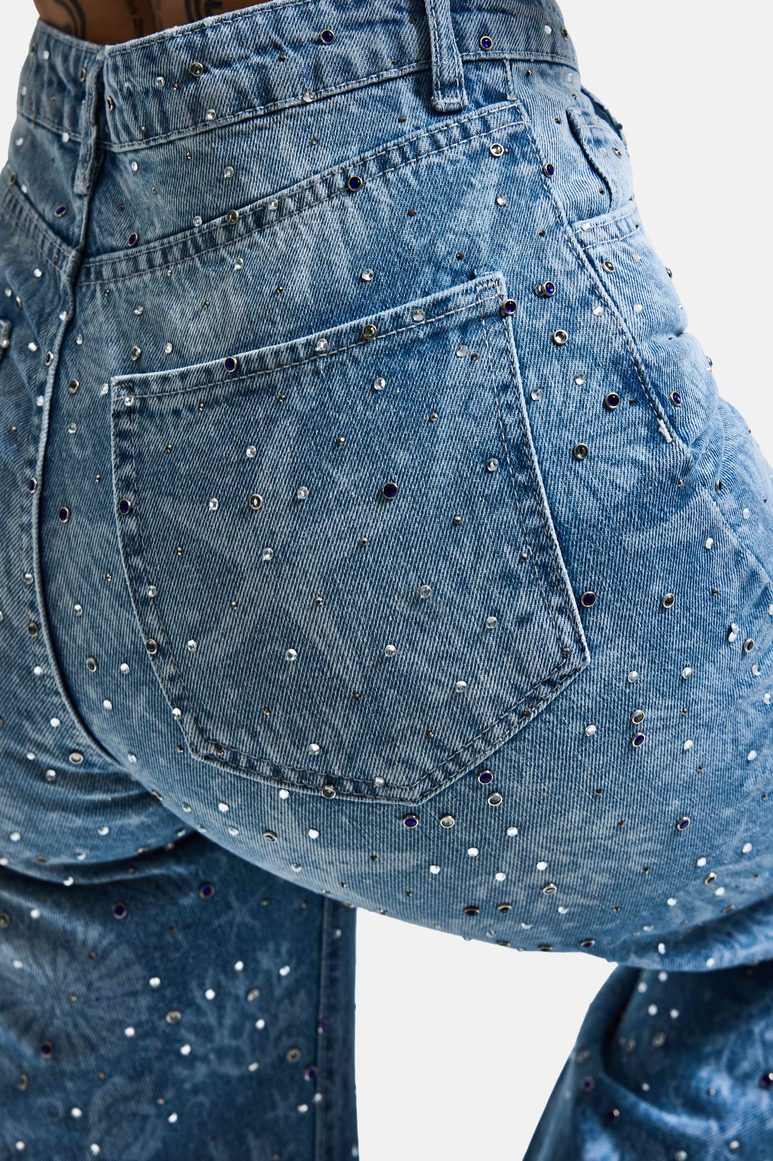 Kadın Kot Rengi T-2s6-27 Straight Fit Özel baskılı Kumaş Parlak Taşlı Tasarım Denim Jean