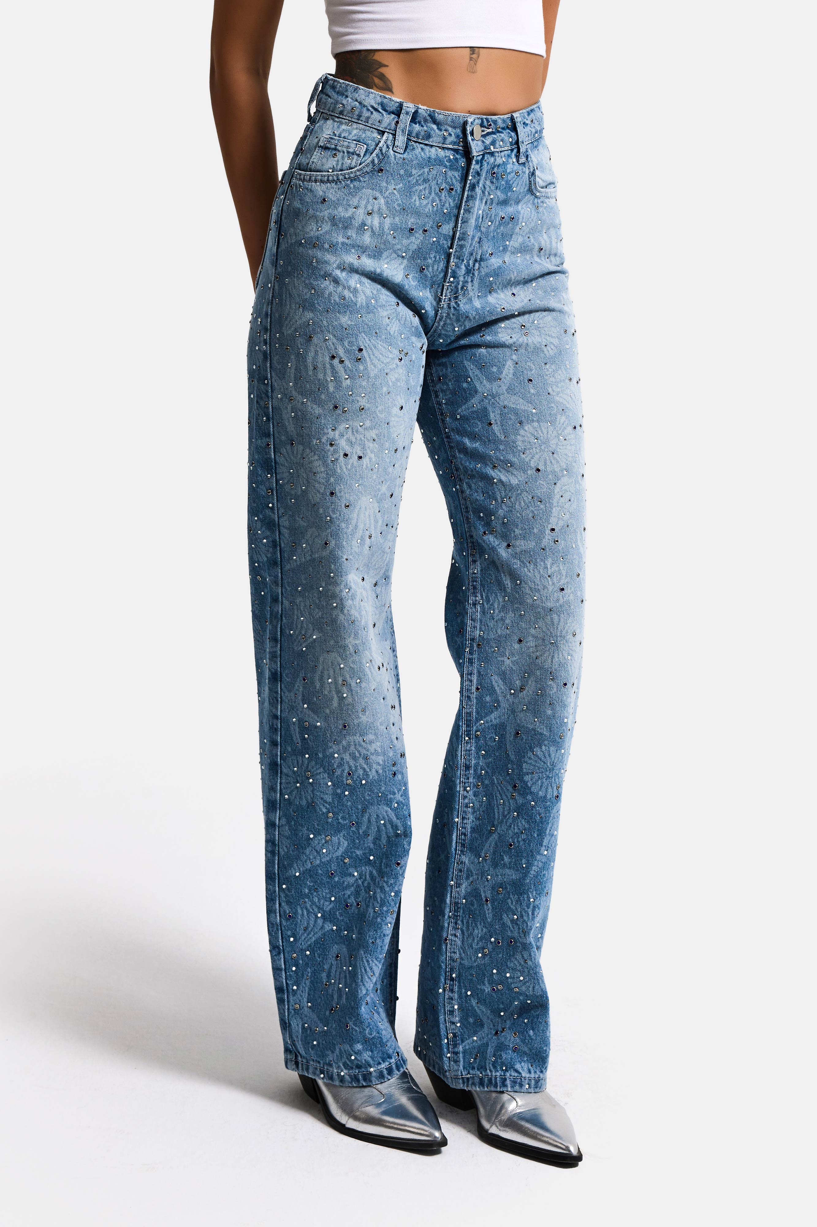 Kadın Kot Rengi T-2s6-27 Straight Fit Özel baskılı Kumaş Parlak Taşlı Tasarım Denim Jean