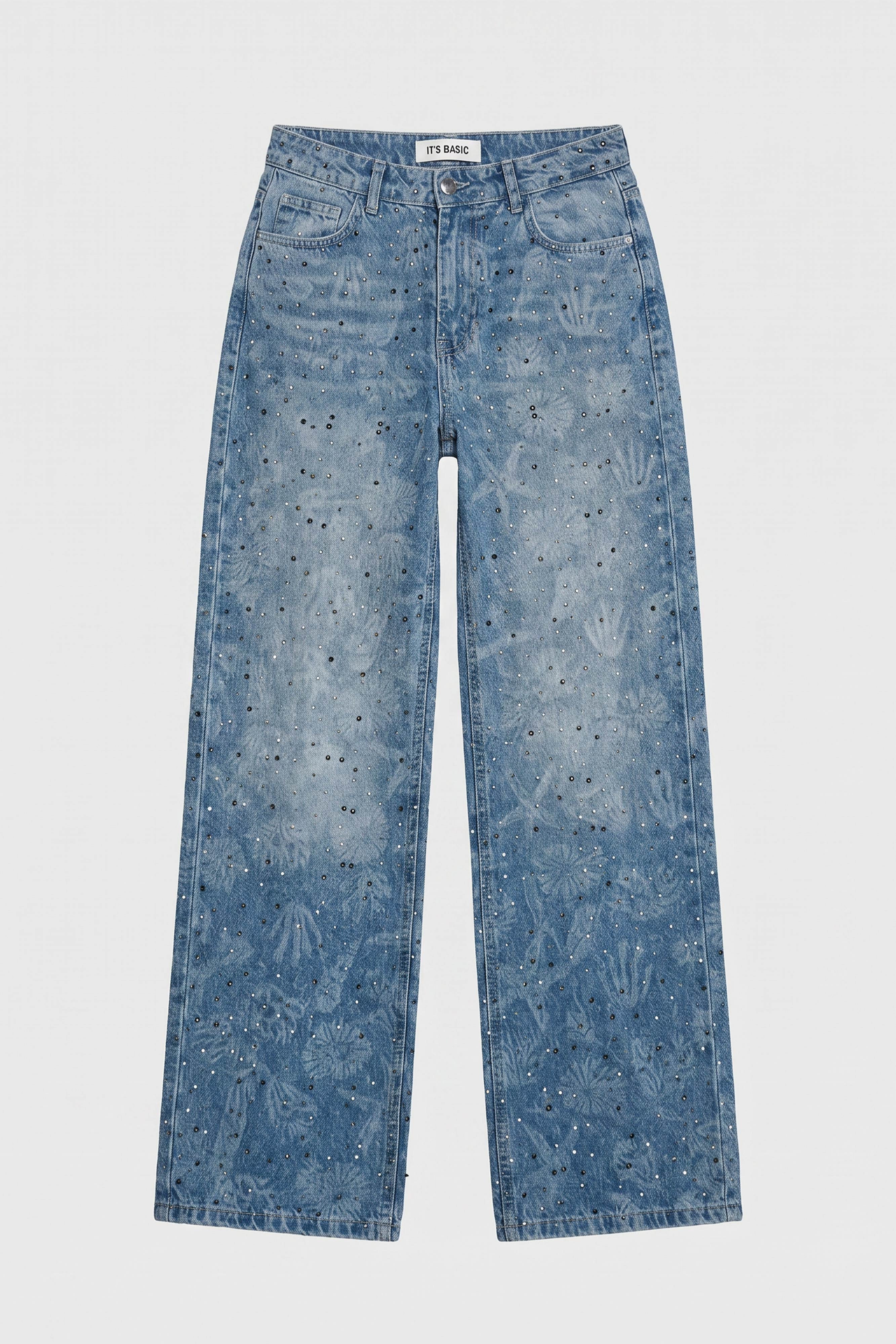 Kadın Kot Rengi T-2s6-27 Straight Fit Özel baskılı Kumaş Parlak Taşlı Tasarım Denim Jean