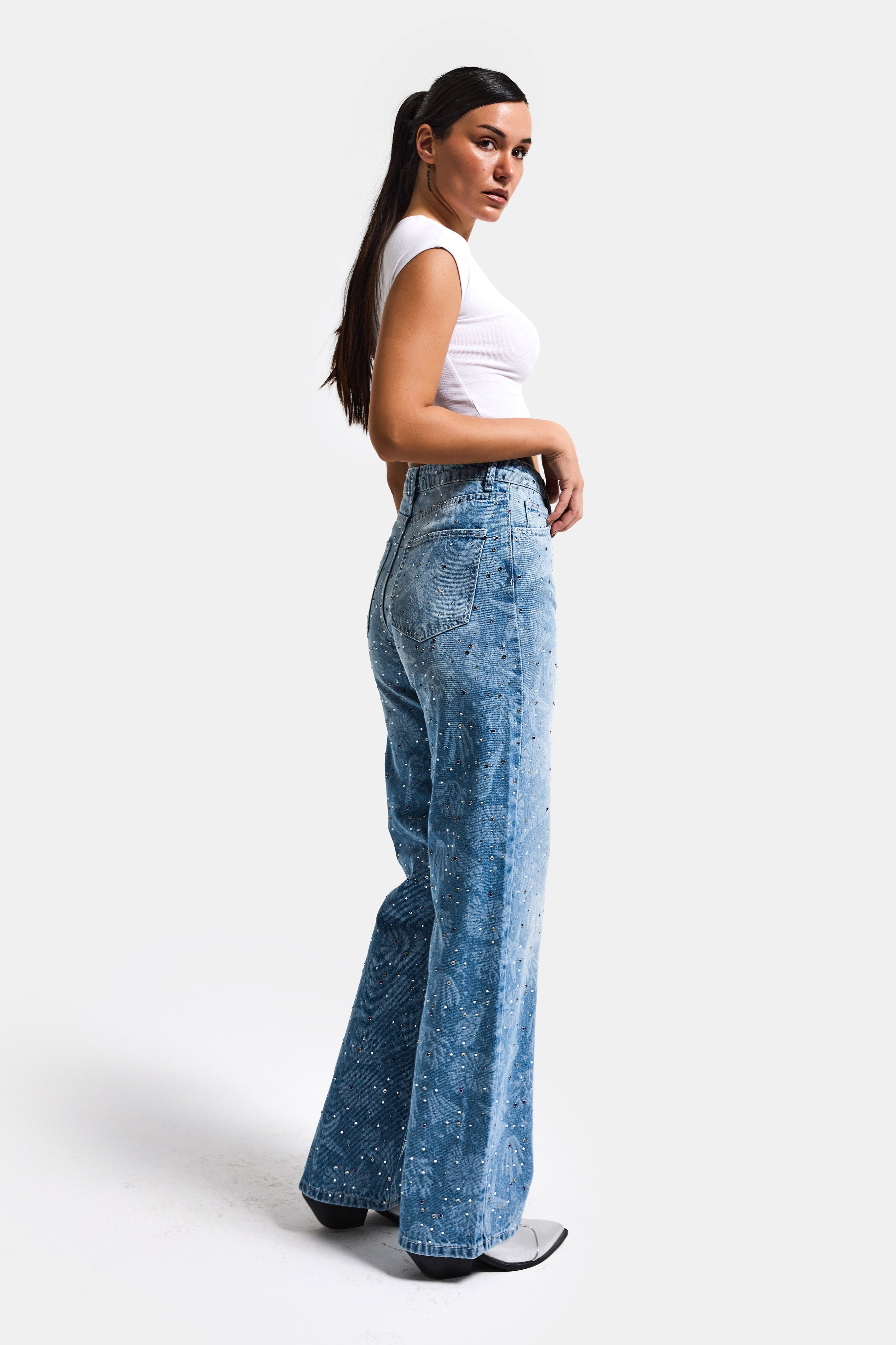 Kadın Kot Rengi T-2s6-27 Straight Fit Özel baskılı Kumaş Parlak Taşlı Tasarım Denim Jean