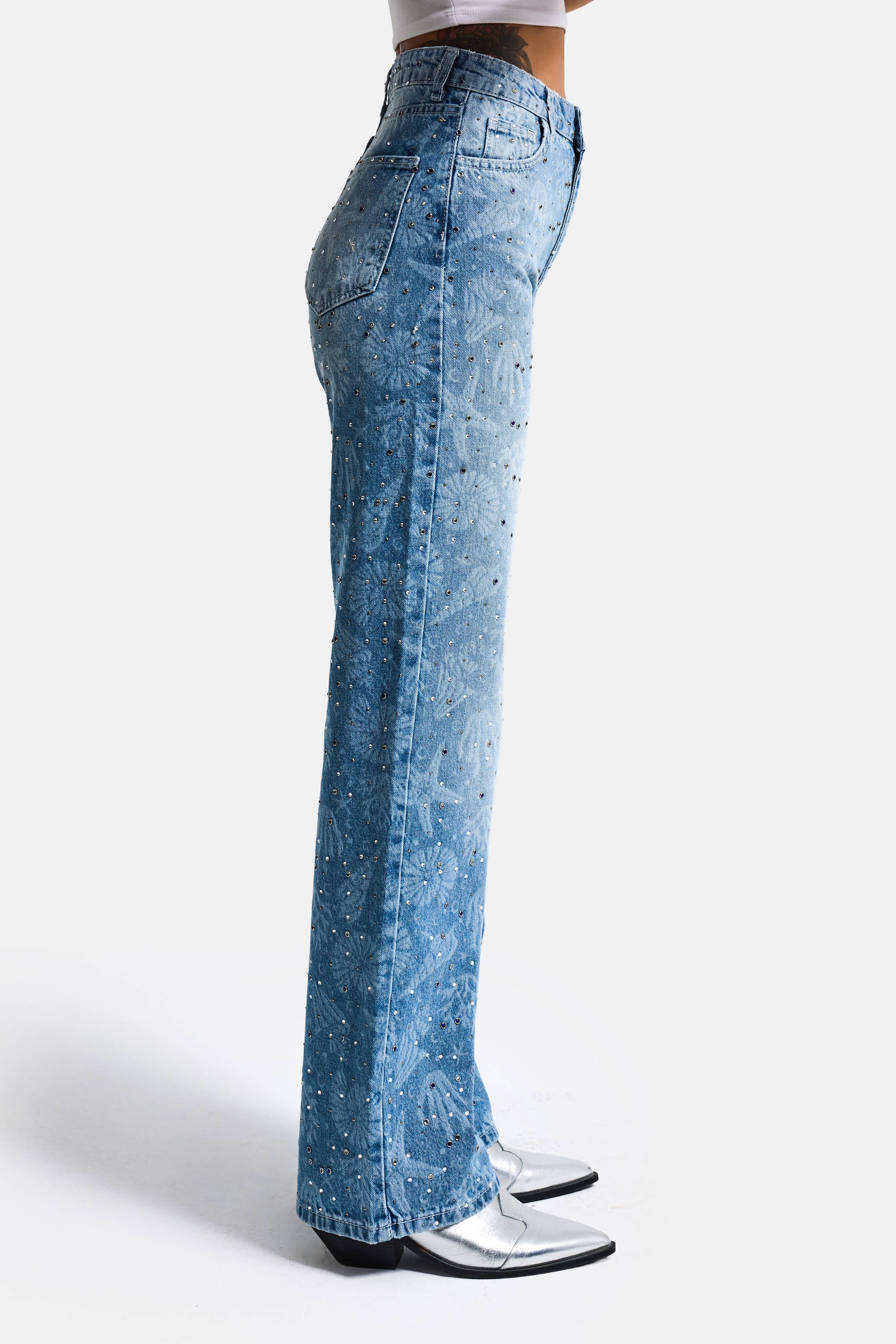 Kadın Kot Rengi T-2s6-27 Straight Fit Özel baskılı Kumaş Parlak Taşlı Tasarım Denim Jean