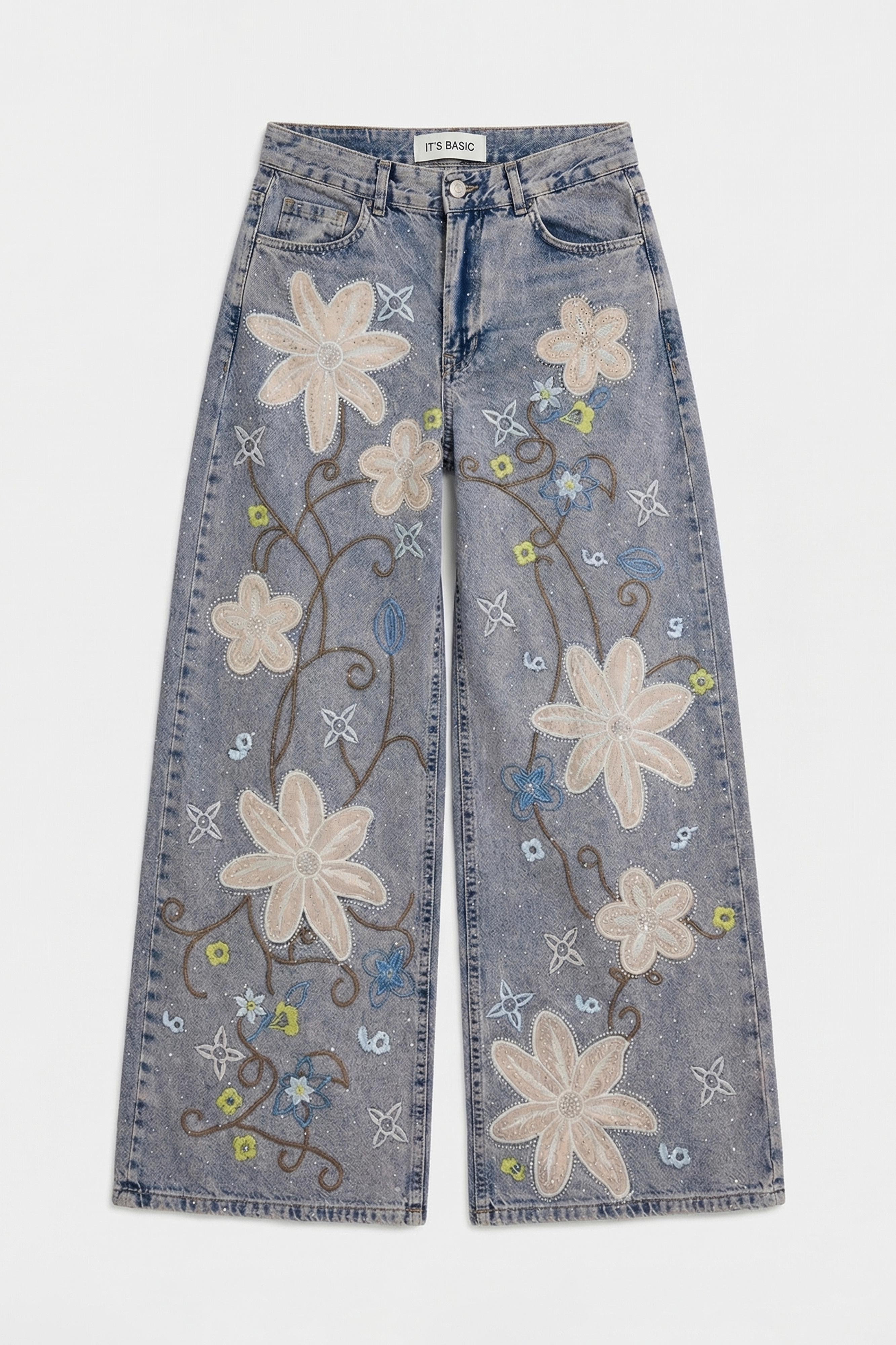 Kadın Kot Rengi T-3s6-89 Palazzo Fit Nakış ve Parlak Taşlı Özel Tasarım Denim Jean