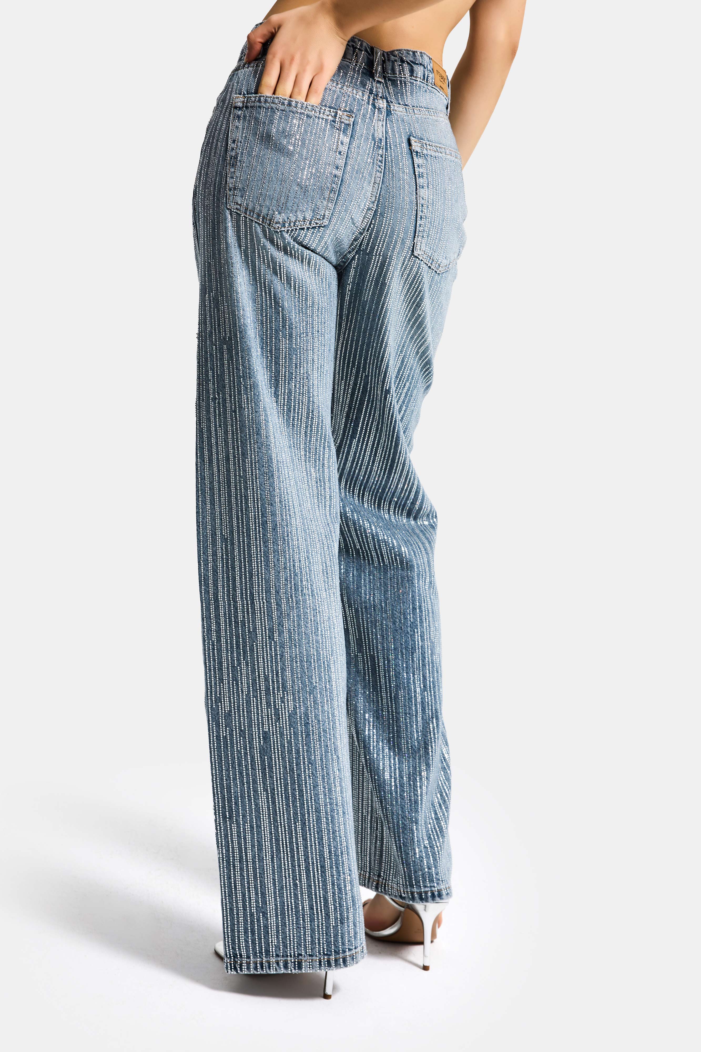 Kadın Kot Rengi T-4s6-159 Straight Fit Ful Arka ve Ön Özel Parlak Taşlı Tasarım Denim Jean