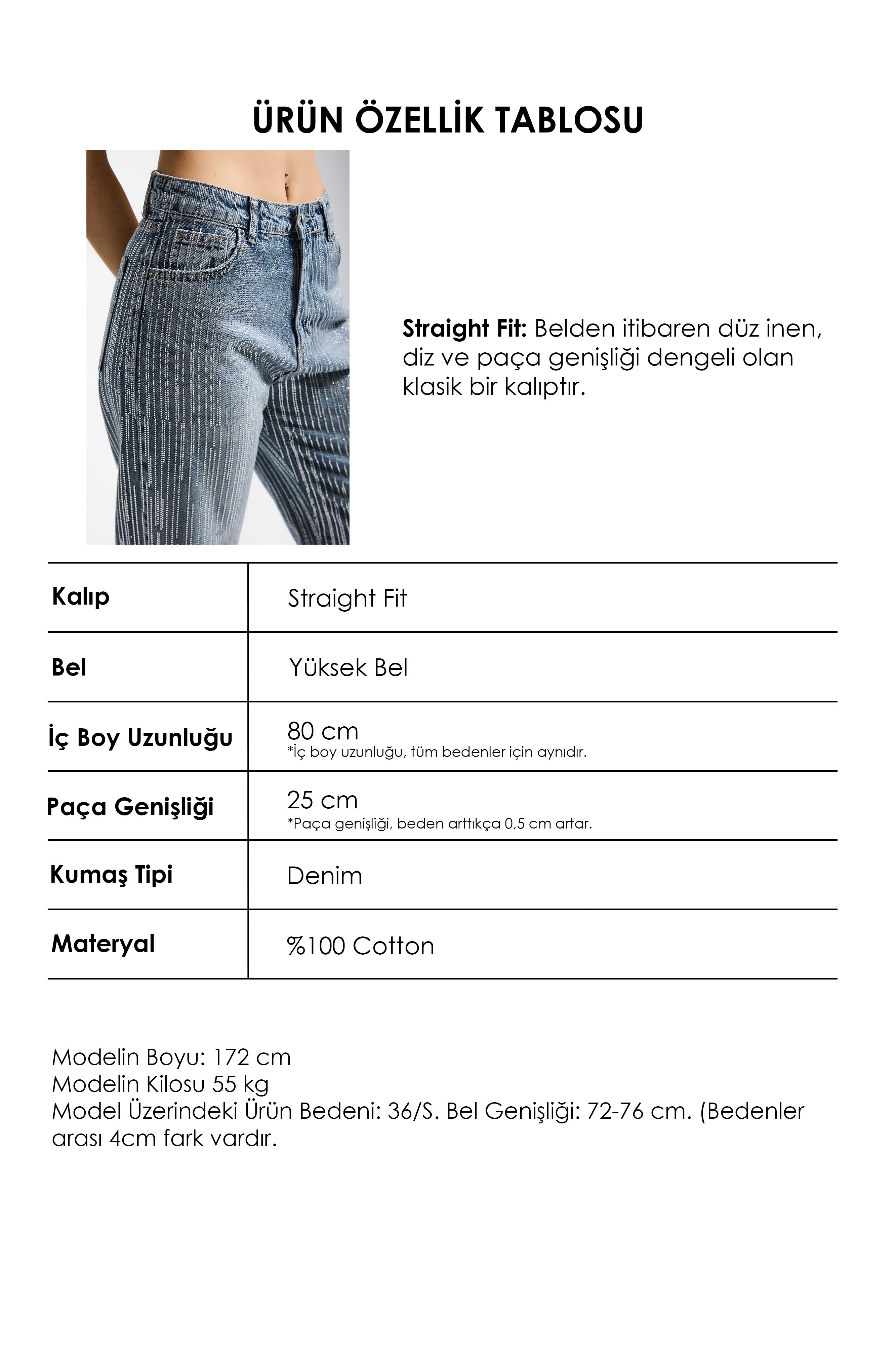 Kadın Kot Rengi T-4s6-159 Straight Fit Ful Arka ve Ön Özel Parlak Taşlı Tasarım Denim Jean