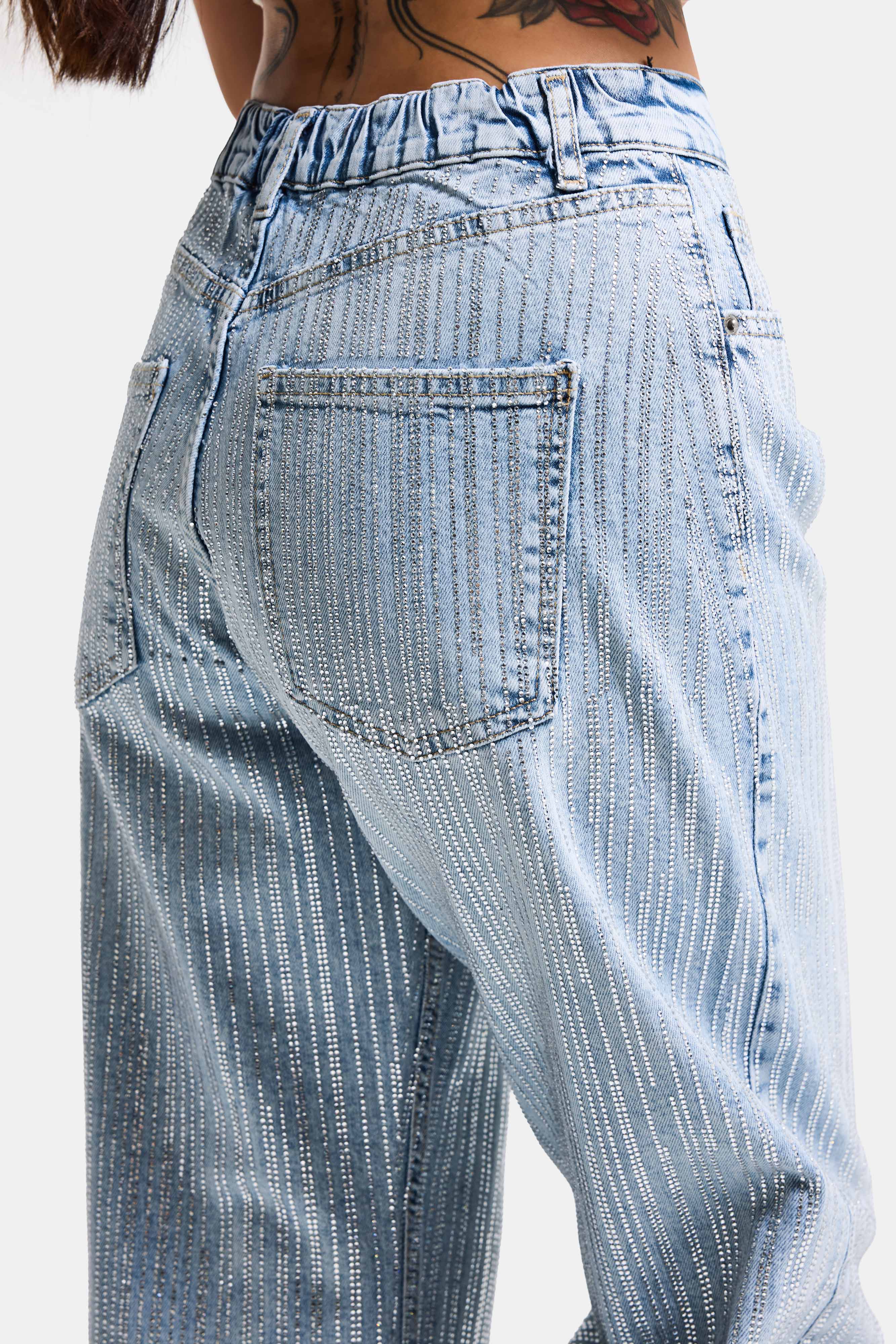 Kadın Kot Rengi T-4s6-3 Loose Fit Ön Arka Parlak Taşlı Tasarım Denim Jean