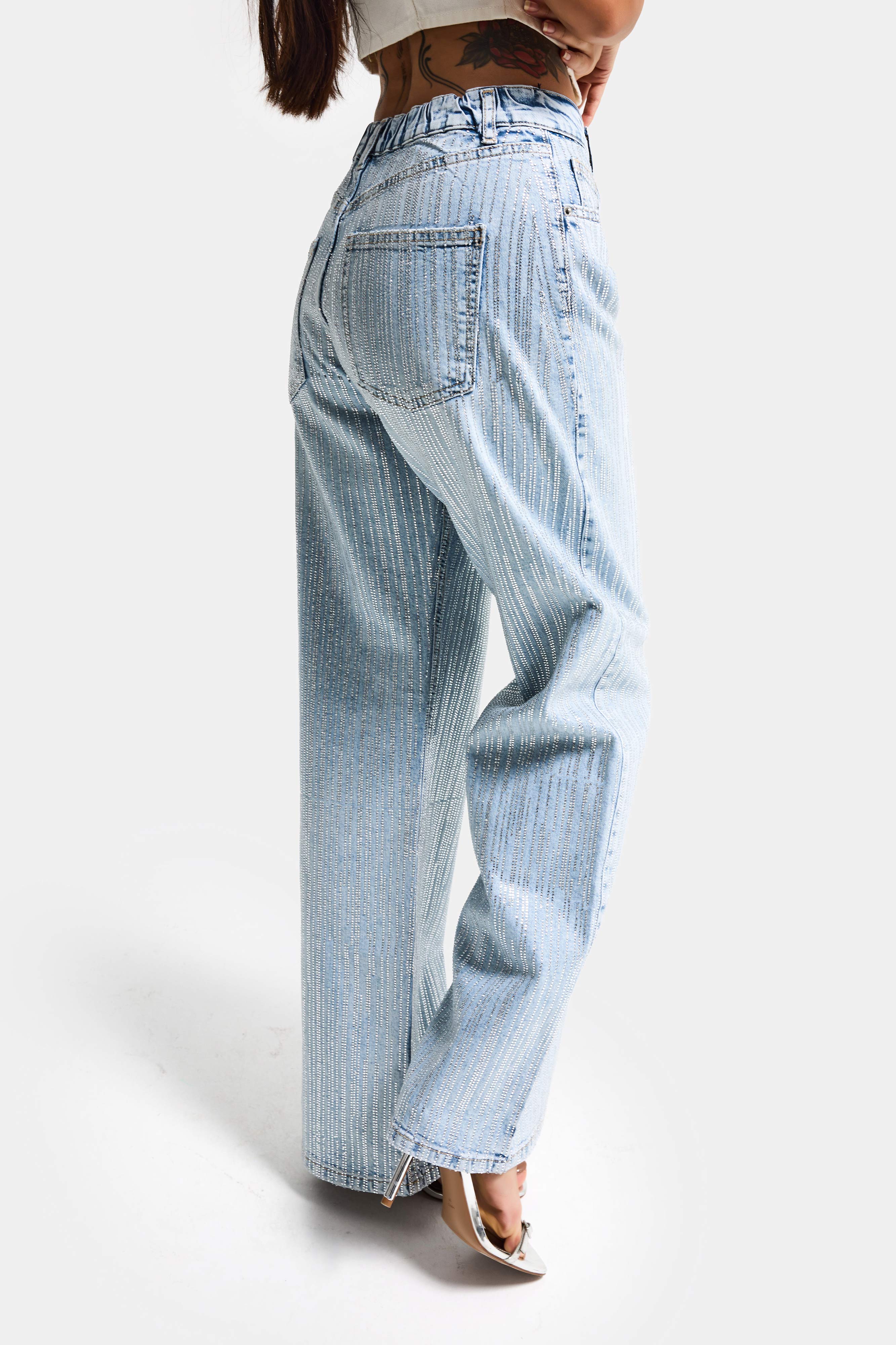 Kadın Kot Rengi T-4s6-3 Loose Fit Ön Arka Parlak Taşlı Tasarım Denim Jean