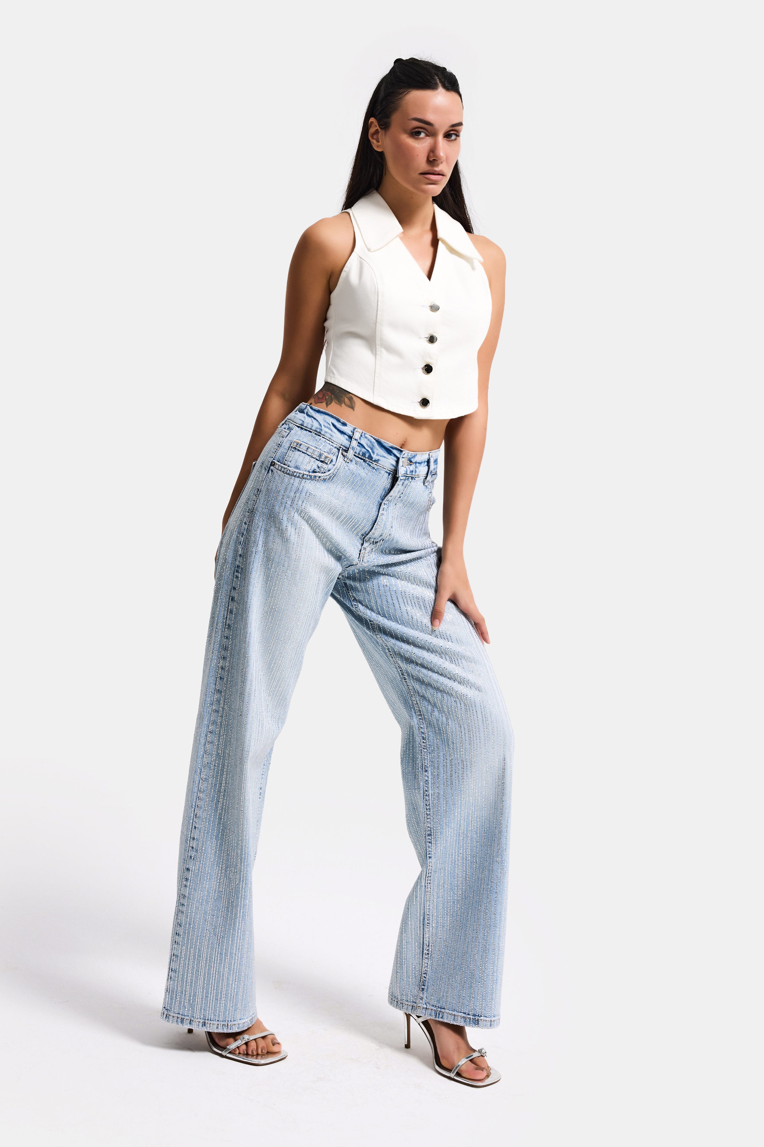 Kadın Kot Rengi T-4s6-3 Loose Fit Ön Arka Parlak Taşlı Tasarım Denim Jean
